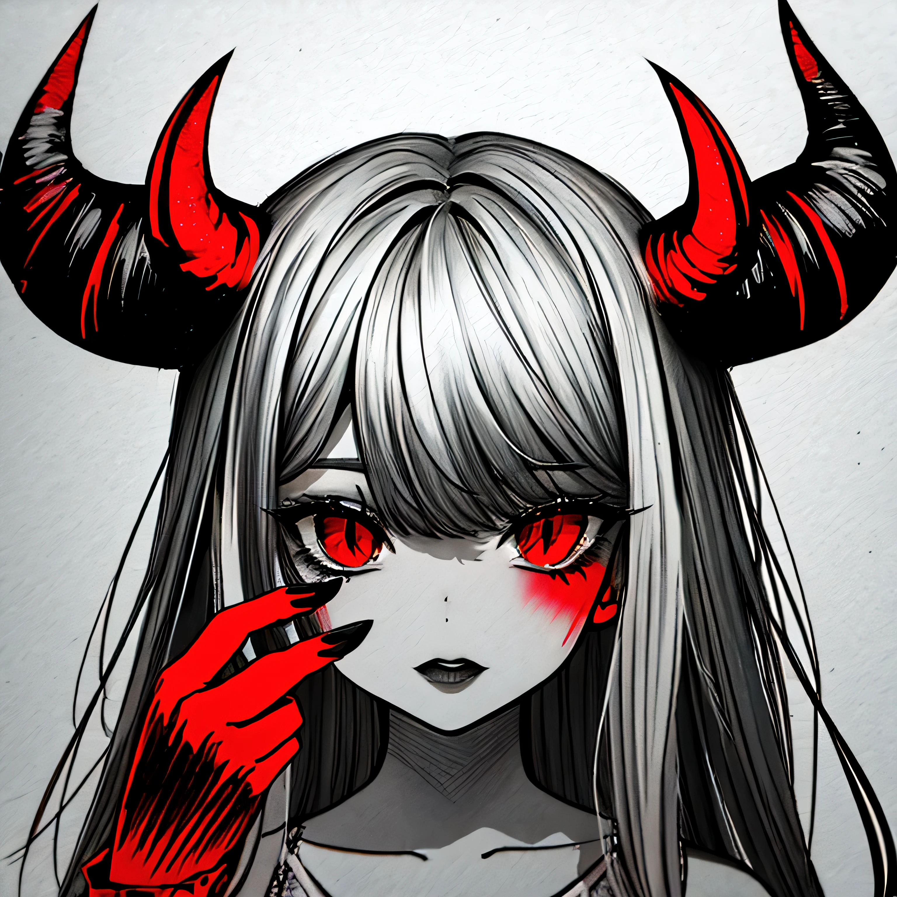 make a horror portrait of a devil horned girl with red blood in her face black and white colors