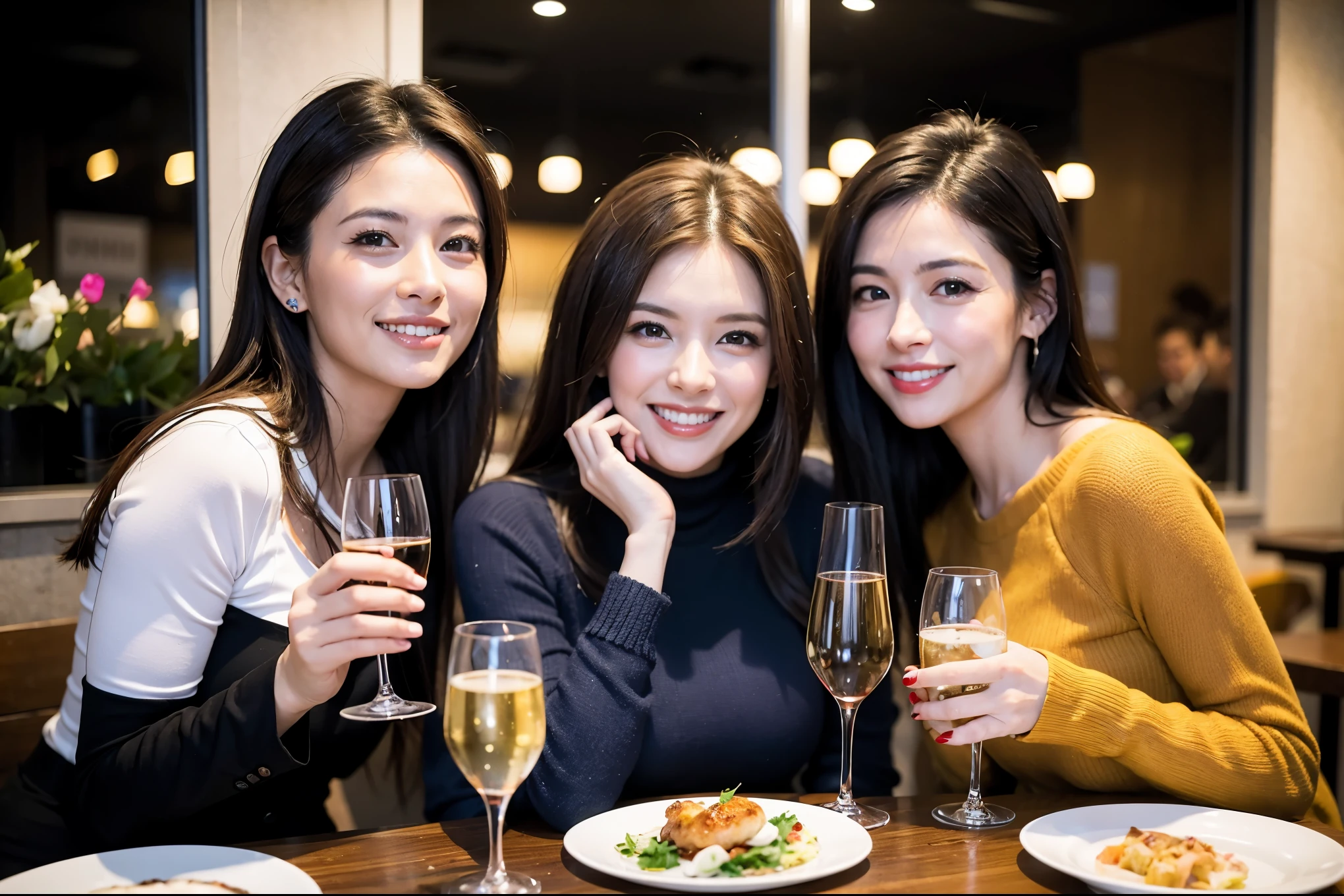 64k, UHD, highest quality, masterpiece: 1.2), (realistic, photorealistic: 1.37), Super detailed, celebration party、beauty、Charm、beautiful mature woman、3 women who love wine、three men、champagne、Sparkling wine、winter night、restaurantでワイン宴会、(slimな男女4名),(Wine party for 5 people)、(slimフェイス),Happy、 最高なsmile、Fox Face、Raccoon face、Berry Short、(because I'thin), (brown hair), (shortcut), long sleeve shirt、winter fashion、Colombia、Brazilian、Japanese、Dutch、German、Portuguese、Belgian、Italian、french, (gushing), (slimボティ), (brown hair), (shortcut), 端正なbeauty、cheeks blush a little, (41 years old), 38 years old, 35 years old、32 years old、 A beautiful and detailed night view spreads out outside the window........, restaurant, wine glassが座っている, At night, in a prominent place (from the Upper body) nova frog style, actress, model, Upper body, White wine, slim, wine glass, Very beautiful night view, wine glass Put in the Middle, Happy smile, (smile: 1.15),