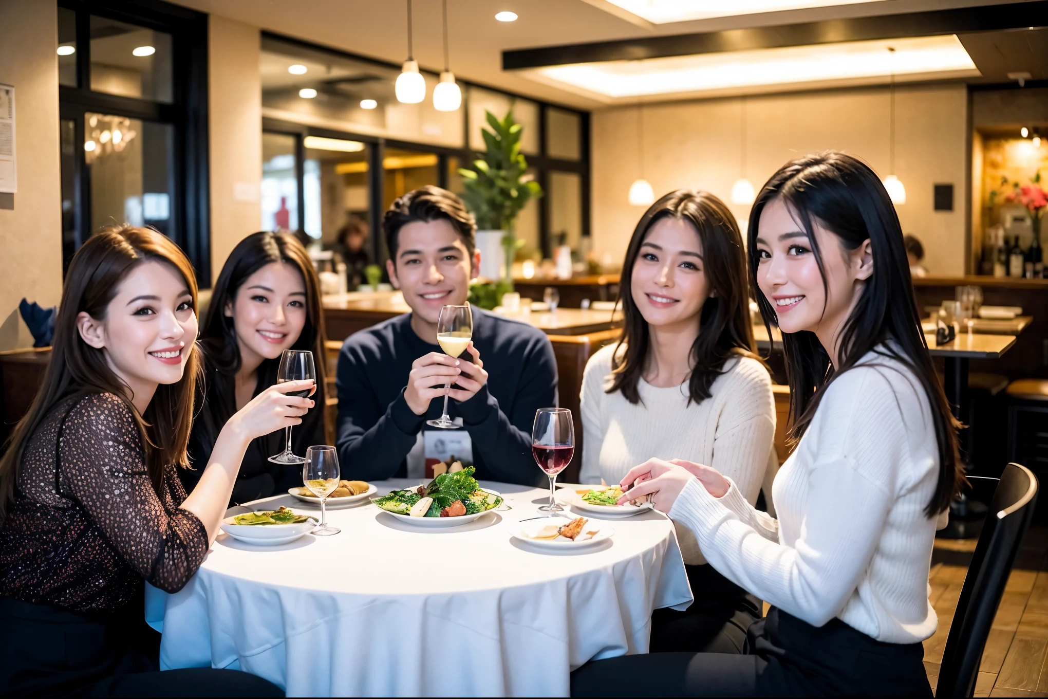 64k, UHD, highest quality, masterpiece: 1.2), (realistic, photorealistic: 1.37), Super detailed, celebration party、beauty、Charm、beautiful mature woman、3 women who love wine、three men、champagne、Sparkling wine、winter night、restaurantでワイン宴会、(slimな男女4名),(Wine party for 5 people)、(slimフェイス),Happy、 最高なsmile、Fox Face、Raccoon face、Berry Short、(because I&#39;thin), (brown hair), (shortcut), long sleeve shirt、winter fashion、Colombia、Brazilian、Japanese、Dutch、German、Portuguese、Belgian、Italian、french, (gushing), (slimボティ), (brown hair), (shortcut), 端正なbeauty、cheeks blush a little, (41 years old), 38 years old, 35 years old、32 years old、 A beautiful and detailed night view spreads out outside the window........, restaurant, wine glassが座っている, At night, in a prominent place (from the Upper body) nova frog style, actress, model, Upper body, White wine, slim, wine glass, Very beautiful night view, wine glass Put in the Middle, Happy smile, (smile: 1.15), 