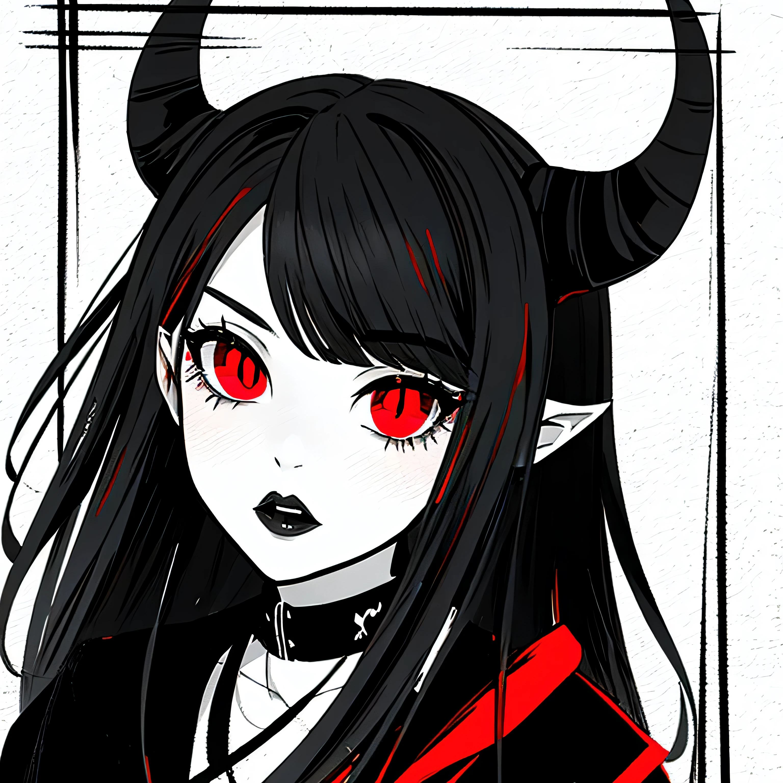 make a horror portrait of a devil horned girl with red eyes in black and white colors