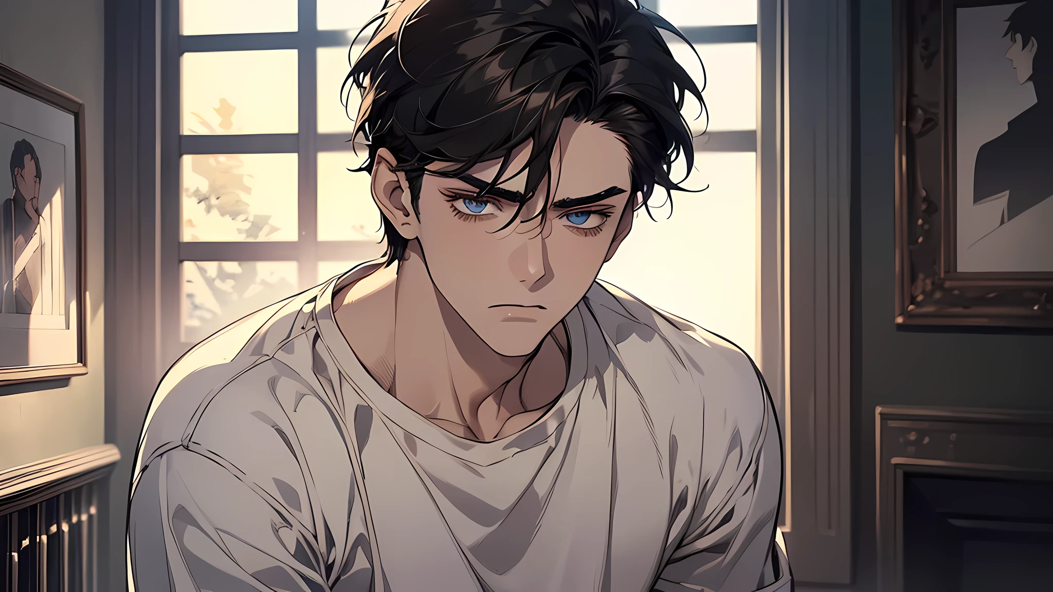 A Sad boy, in a corner of a room, there is 21 years old handsome guy，White T-shirt，black long pants，A gentle face，A dark-haired、sad face, frown, Eyes drawn in detail、a handsome、Cinematic power、detailed eyes, detailed face, detailed nose, talking, open mouth, angry expression
