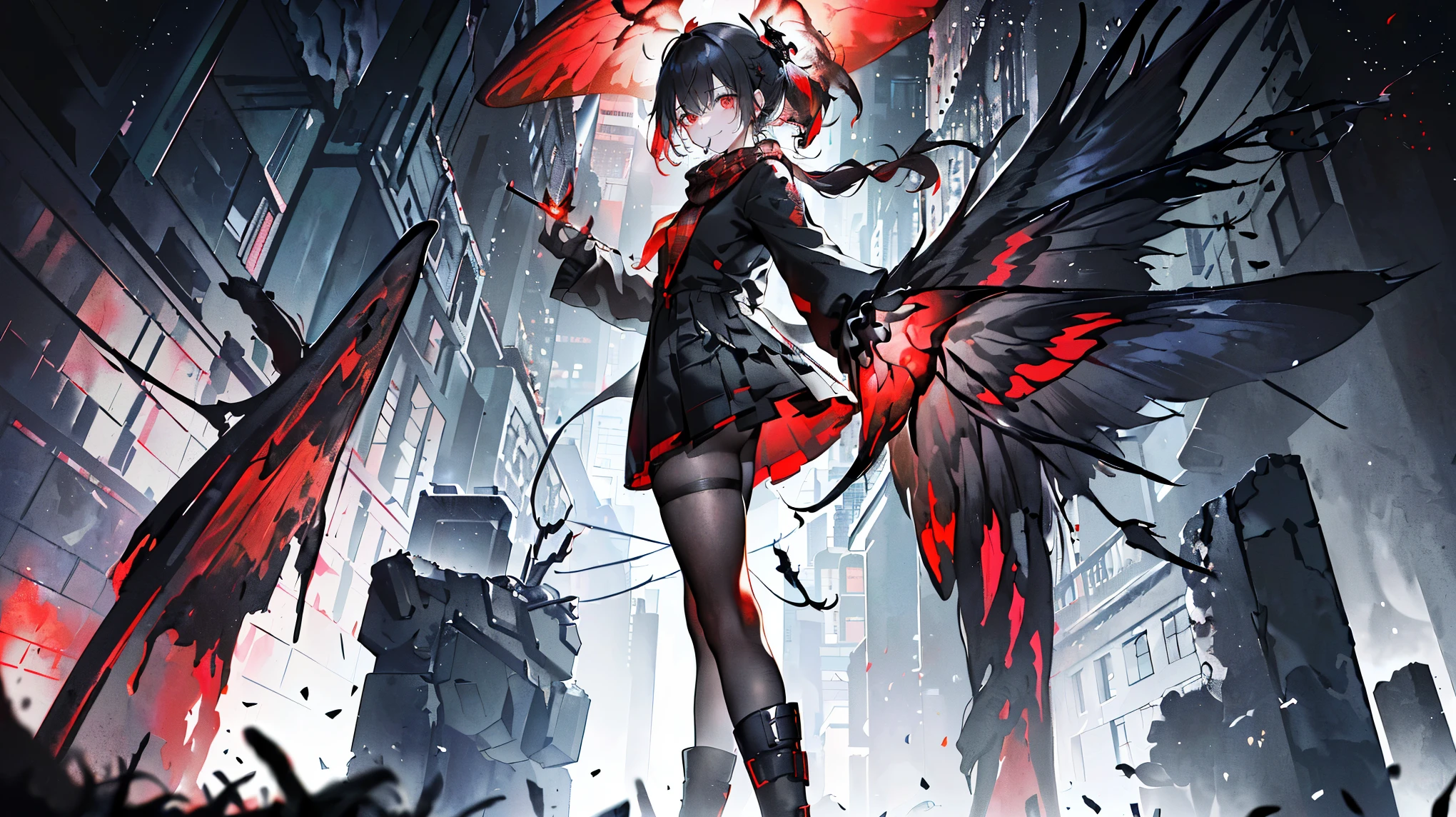 (super detailed)),((illustration)),((masterpiece)),(((need))),((beautifully、Highest Quality CG Unity 8K Wallpapers,masterpiece),((4K,masterpiece,best quality)),Black short ponytail female,Flowing short hair,Asymmetrical hairstyle,Braided,Bangs facing one direction,red eyes,moth hairpin,red highlights,He wears a black glove on his left hand,Holding a cigarette in the right hand,Black and red plaid shirt,black scarf,surrounded by burning moths,fire moth wings,confident smile,Back against the wall,rainy day,network city,neon lights,Floor water reflection,The sky was dyed blood red,Piles of ashes at feet,Black boots,Full body close-up perspective