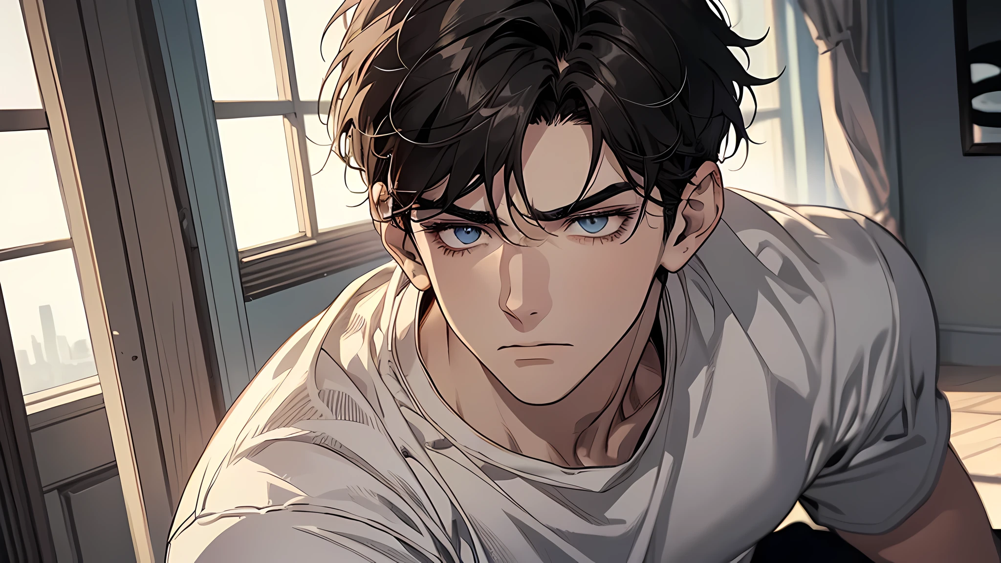 A Sad boy, in a corner of a room, there is 21 years old handsome guy，White T-shirt，black long pants，A gentle face，A dark-haired、sad face, frown, Eyes drawn in detail、a handsome、Cinematic power、detailed eyes, detailed face, detailed nose, talking, open mouth, angry expression
