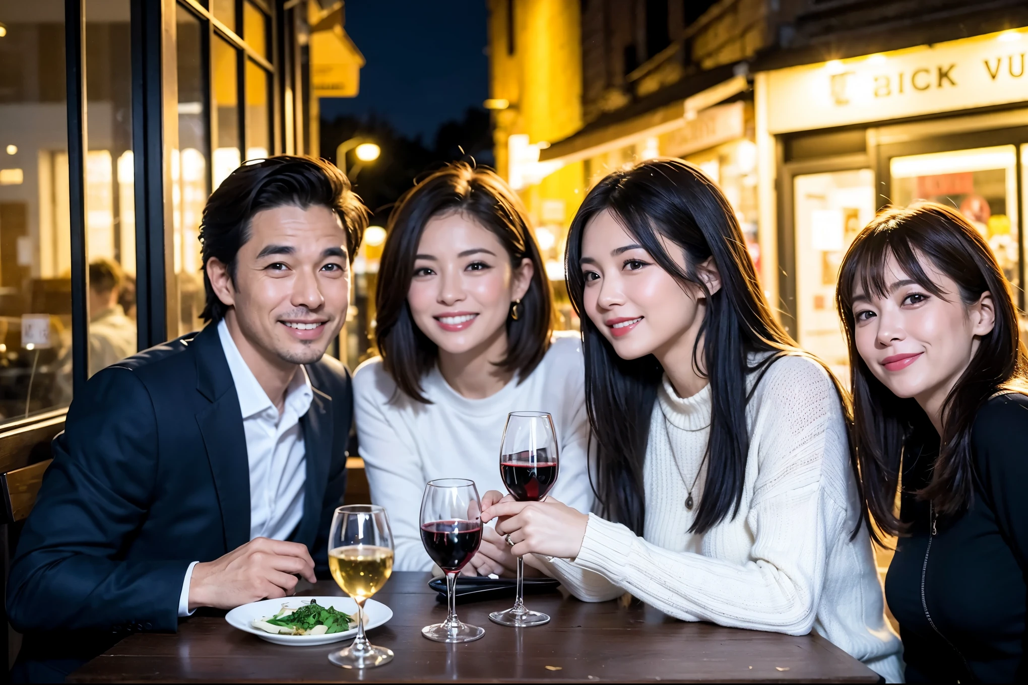 64k, UHD, highest quality, masterpiece: 1.2), (realistic, photorealistic: 1.37), Super detailed, celebration party、beauty、Charm、beautiful mature woman、3 women who love wine、three men、champagne、Sparkling wine、winter night、restaurantでワイン宴会、(slimな男女4名),(Wine party for 5 people)、(slimフェイス),Happy、 最高なsmile、Fox Face、Raccoon face、Berry Short、(because I'thin), (brown hair), (shortcut), long sleeve shirt、winter fashion、Colombia、Brazilian、Japanese、Dutch、German、Portuguese、Belgian、Italian、french, (gushing), (slimボティ), (brown hair), (shortcut), 端正なbeauty、cheeks blush a little, (41 years old), 38 years old, 35 years old、32 years old、 A beautiful and detailed night view spreads out outside the window........, restaurant, wine glassが座っている, At night, in a prominent place (from the Upper body) nova frog style, actress, model, Upper body, White wine, slim, wine glass, Very beautiful night view, wine glass Put in the Middle, Happy smile, (smile: 1.15),