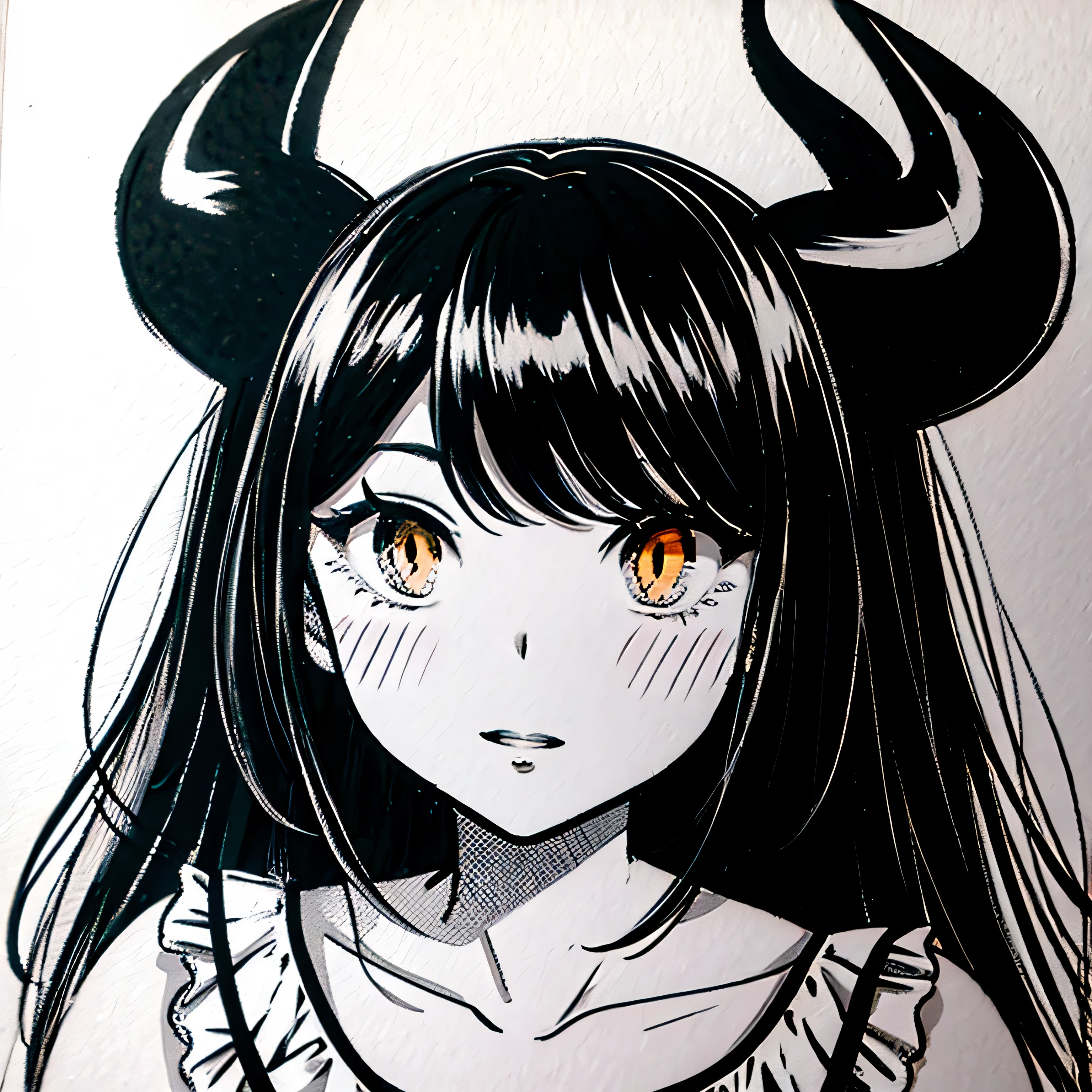 make a portrait of a devil horned girl in black and white colors