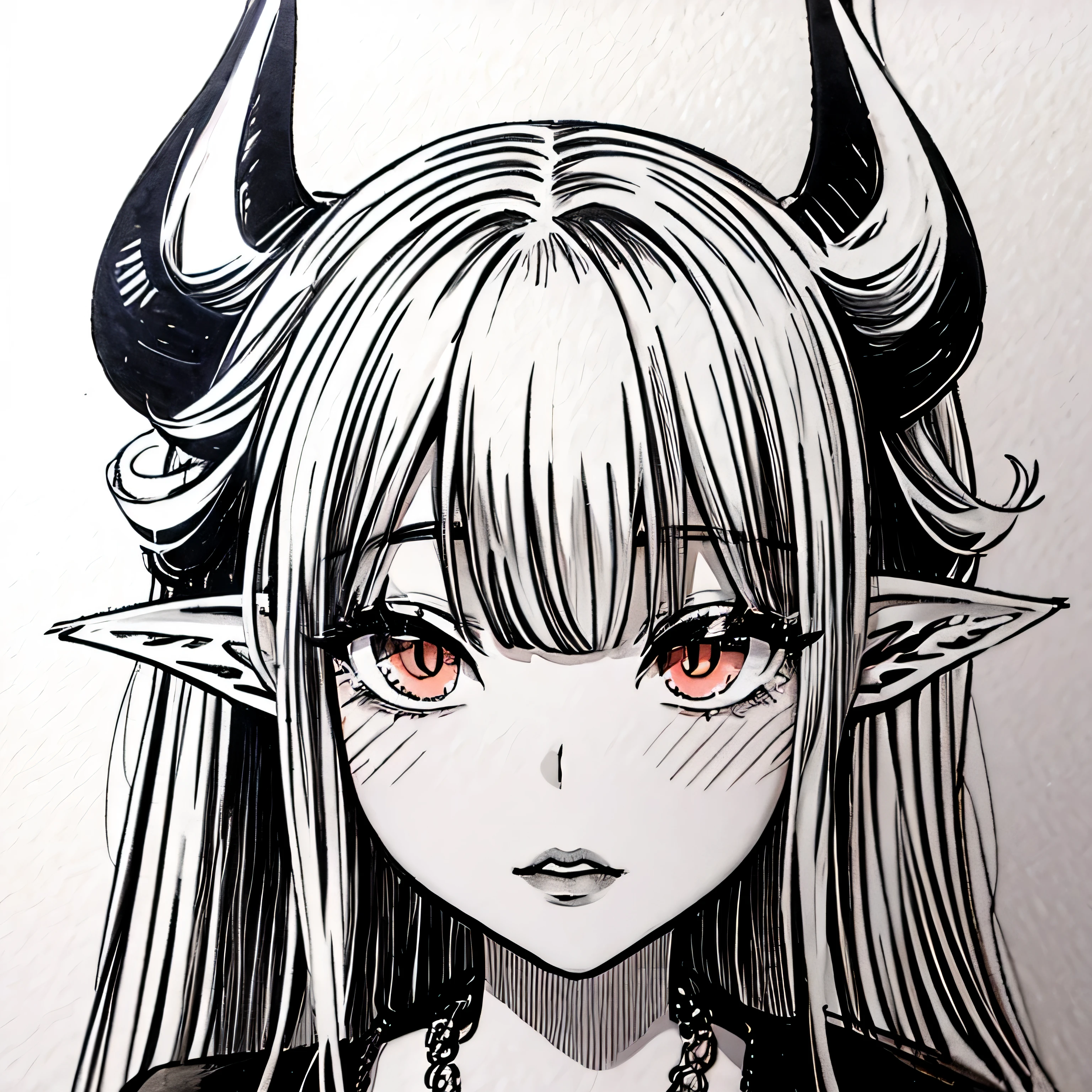 make a portrait of a devil horned girl in black and white colors