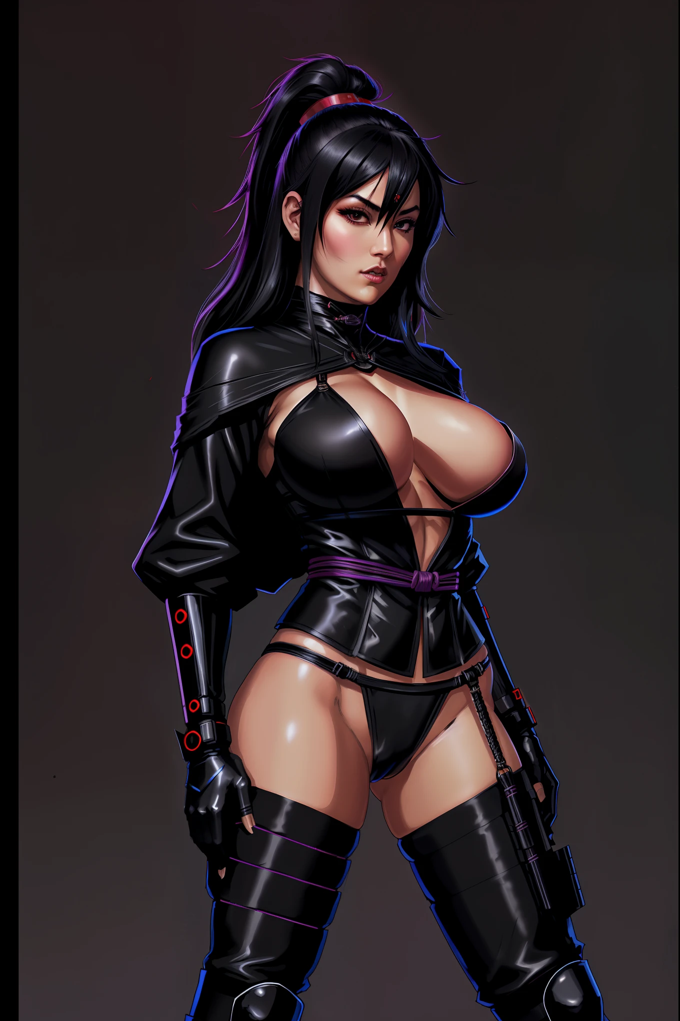 there is a Japanese Ninja woman standingneon- background, cyberpunk femme fatale, seductive cyberpunk dark fantasy, cyberpunk striigantic breasts, cleavautiful futiful body, beautiful eyes nose lips, alluring expression, full body photo, standing legs apart(well defined pubic hair:1.2)), (dark plain black background:1.4))
