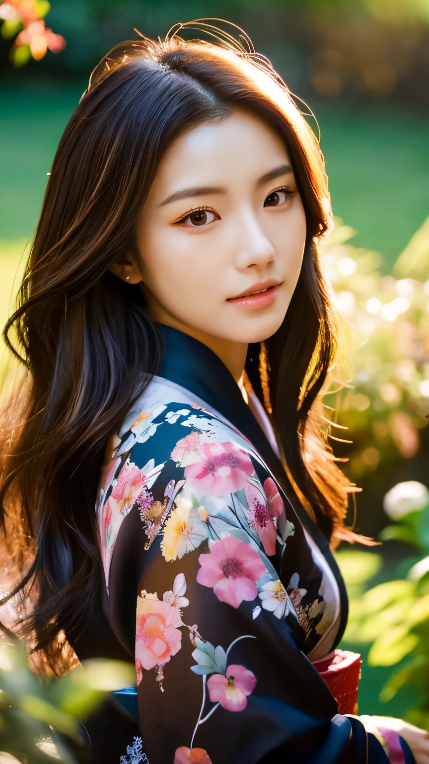 Beautiful Japanese supermodel woman, A lock of hair with slight highlights, black eyes, mixed media, Sexy,garden background,Gorgeous kimono , Liquid color flows across her face, sunset,Photographed by Wang Luodan