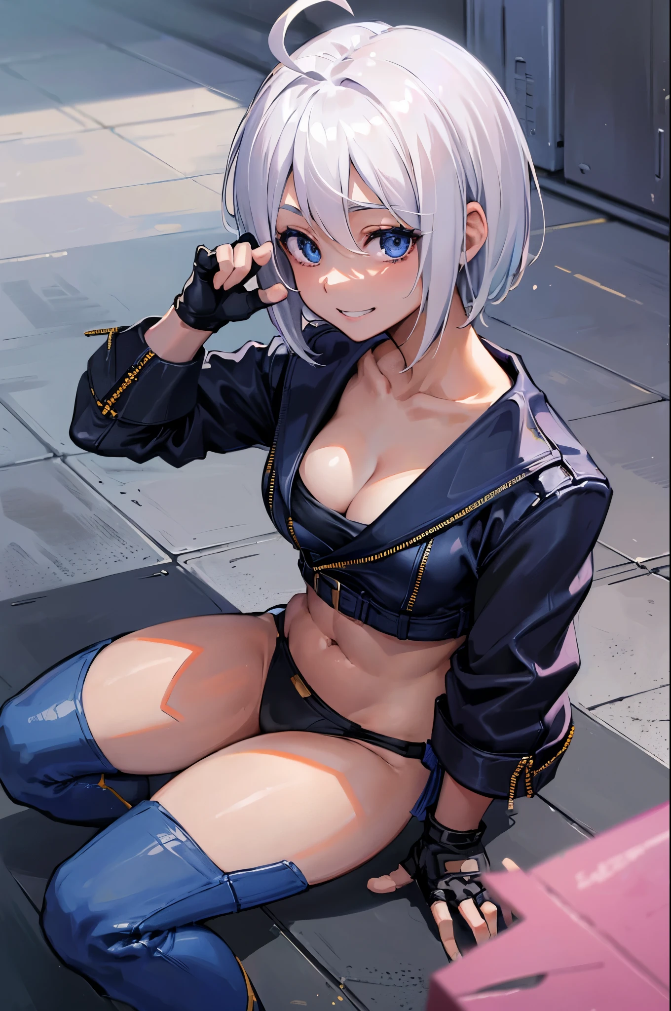 (masterpiece), best quality, expressive eyes, perfect face, highres, 1girl, solo, angelms, white hair, jacket, ahoge, fingerless gloves, midriff, cleaveage, panties, smiling, fanstasy background, particles, magic, sitting on floor, portrait, looking at the viewer, from front