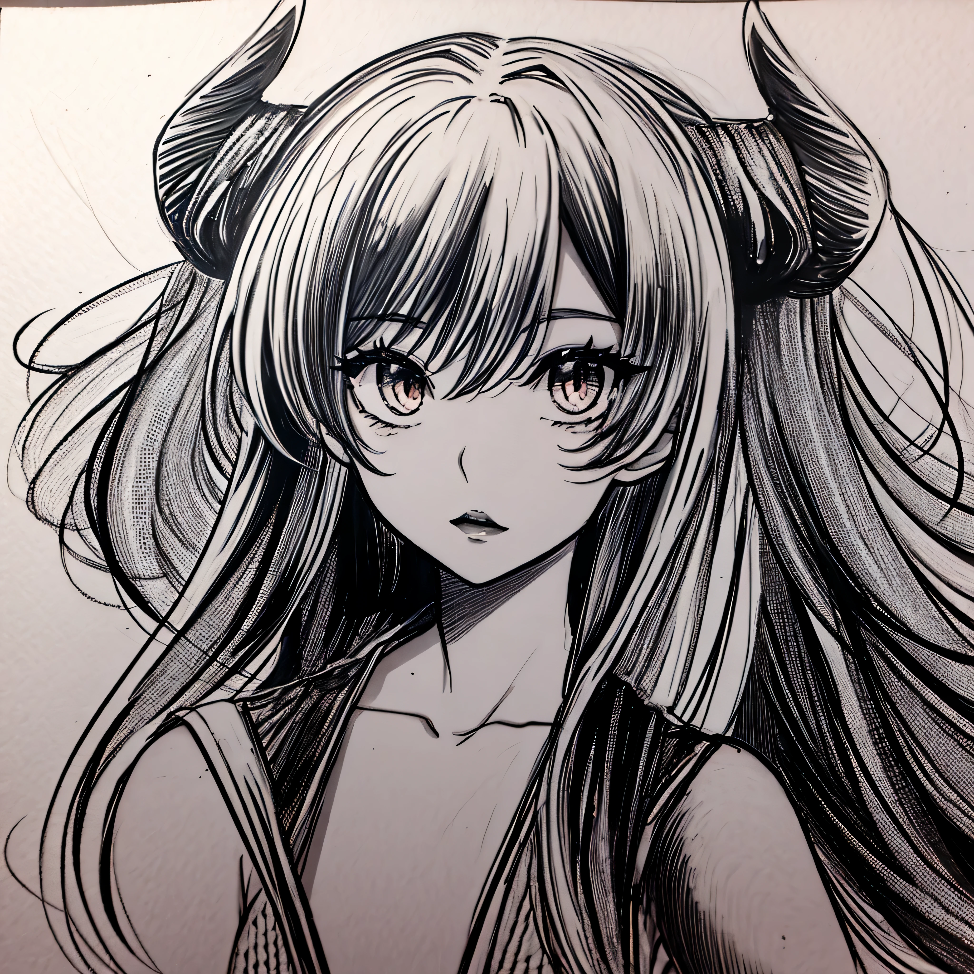 make a portrait of a devil horned girl in black and white colors