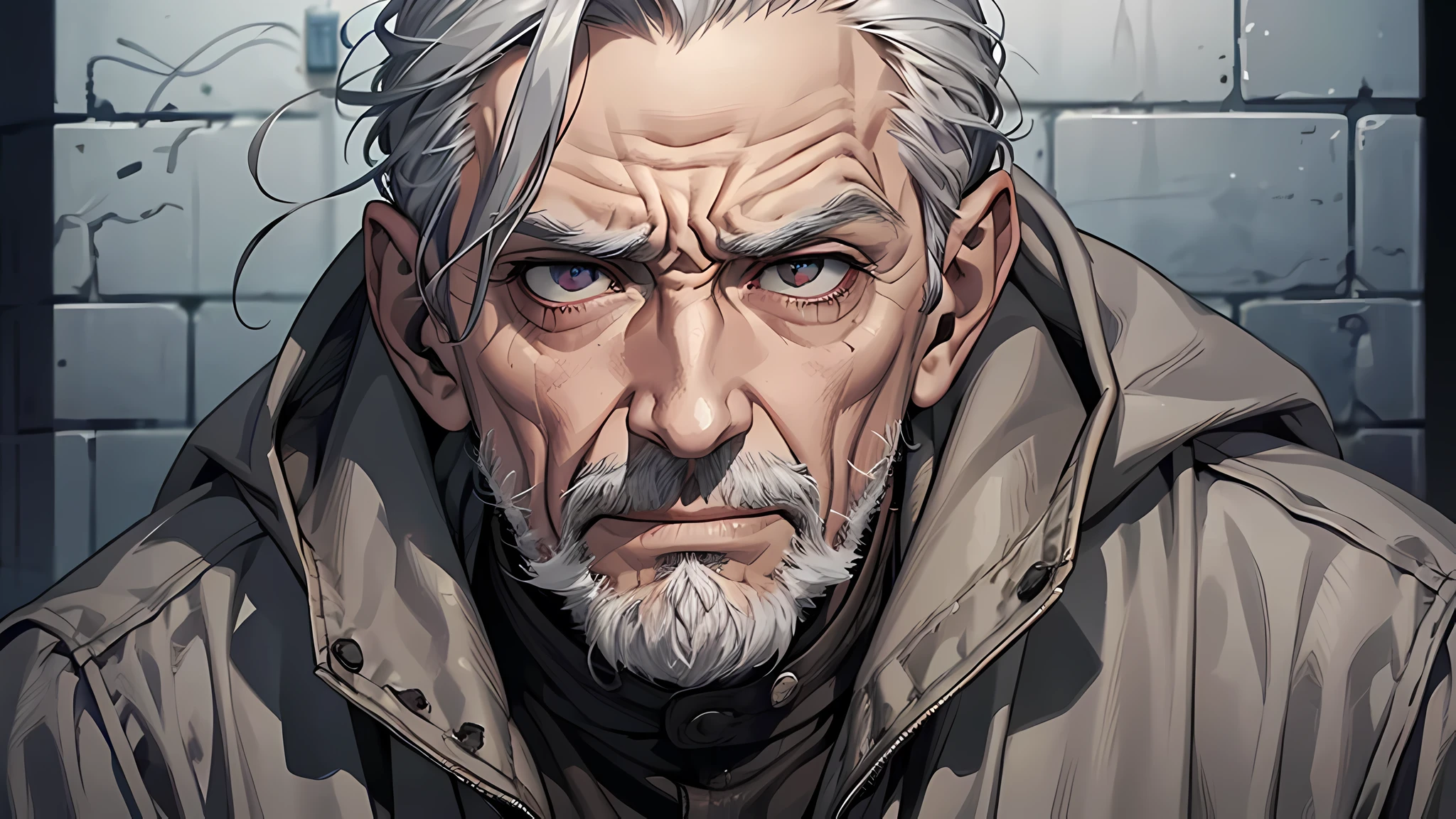 An old man with gray hair,Sneering expression,disdain, An old man,wrinkle on face, gray hair, detailed eyes, detailed face, detailed nose, disgusting face, talking something, open mouth, If only killing intent could actually kill, in a prison, in a cell prison