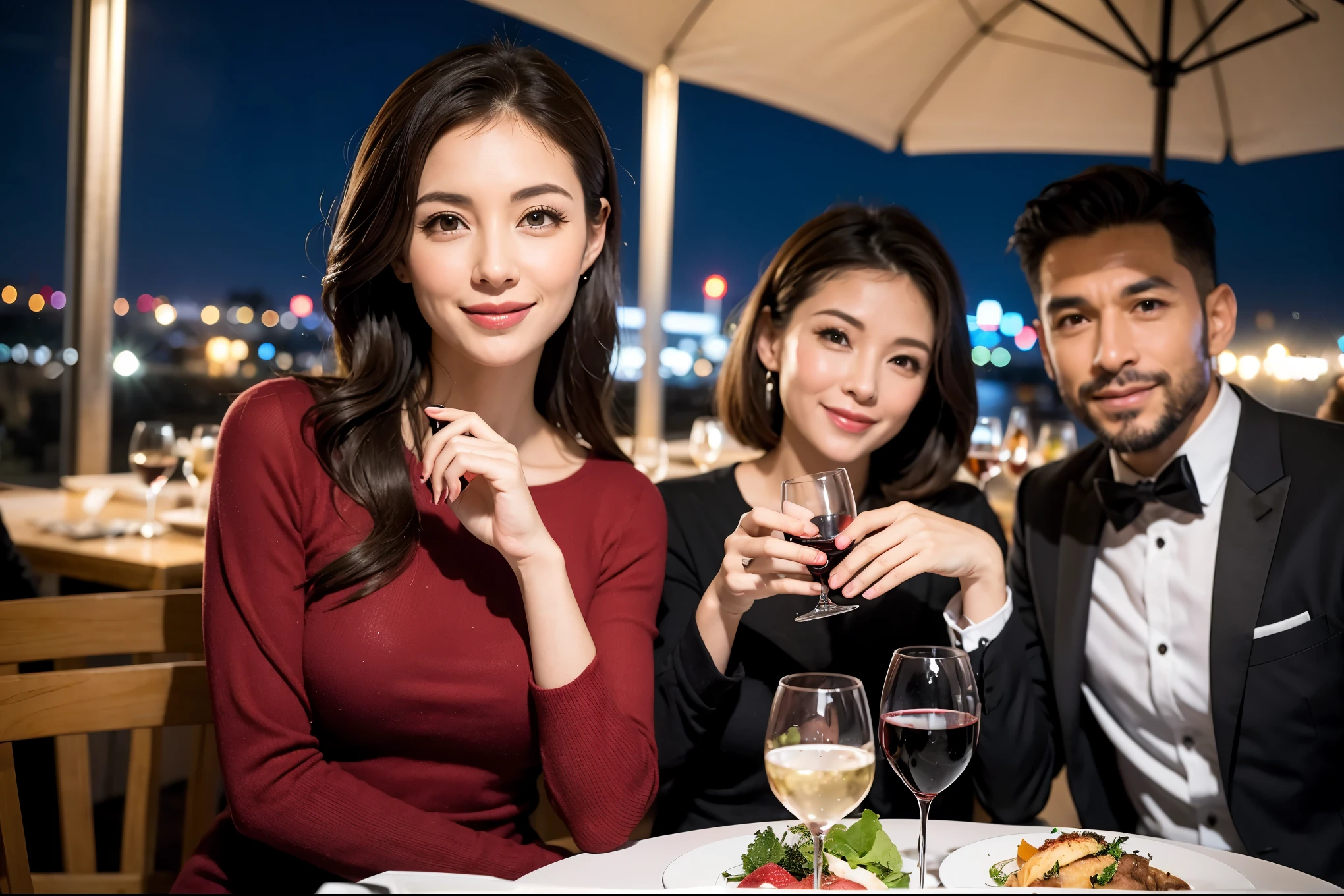 64k, UHD, highest quality, masterpiece: 1.2), (realistic, photorealistic: 1.37), Super detailed, celebration party、beauty、Charm、beautiful mature woman、3 women who love wine、three men、champagne、Sparkling wine、winter night、restaurantでワイン宴会、(slimな男女4名),(Wine party for 5 people)、(slimフェイス),Happy、 最高なsmile、Fox Face、Raccoon face、Berry Short、(because I&#39;thin), (brown hair), (shortcut), long sleeve shirt、winter fashion、Colombia、Brazilian、Japanese、Dutch、German、Portuguese、Belgian、Italian、french, (gushing), (slimボティ), (brown hair), (shortcut), 端正なbeauty、cheeks blush a little, (41 years old), 38 years old, 35 years old、32 years old、 A beautiful and detailed night view spreads out outside the window........, restaurant, wine glassが座っている, At night, in a prominent place (from the Upper body) nova frog style, actress, model, Upper body, White wine, slim, wine glass, Very beautiful night view, wine glass Put in the Middle, Happy smile, (smile: 1.15), 