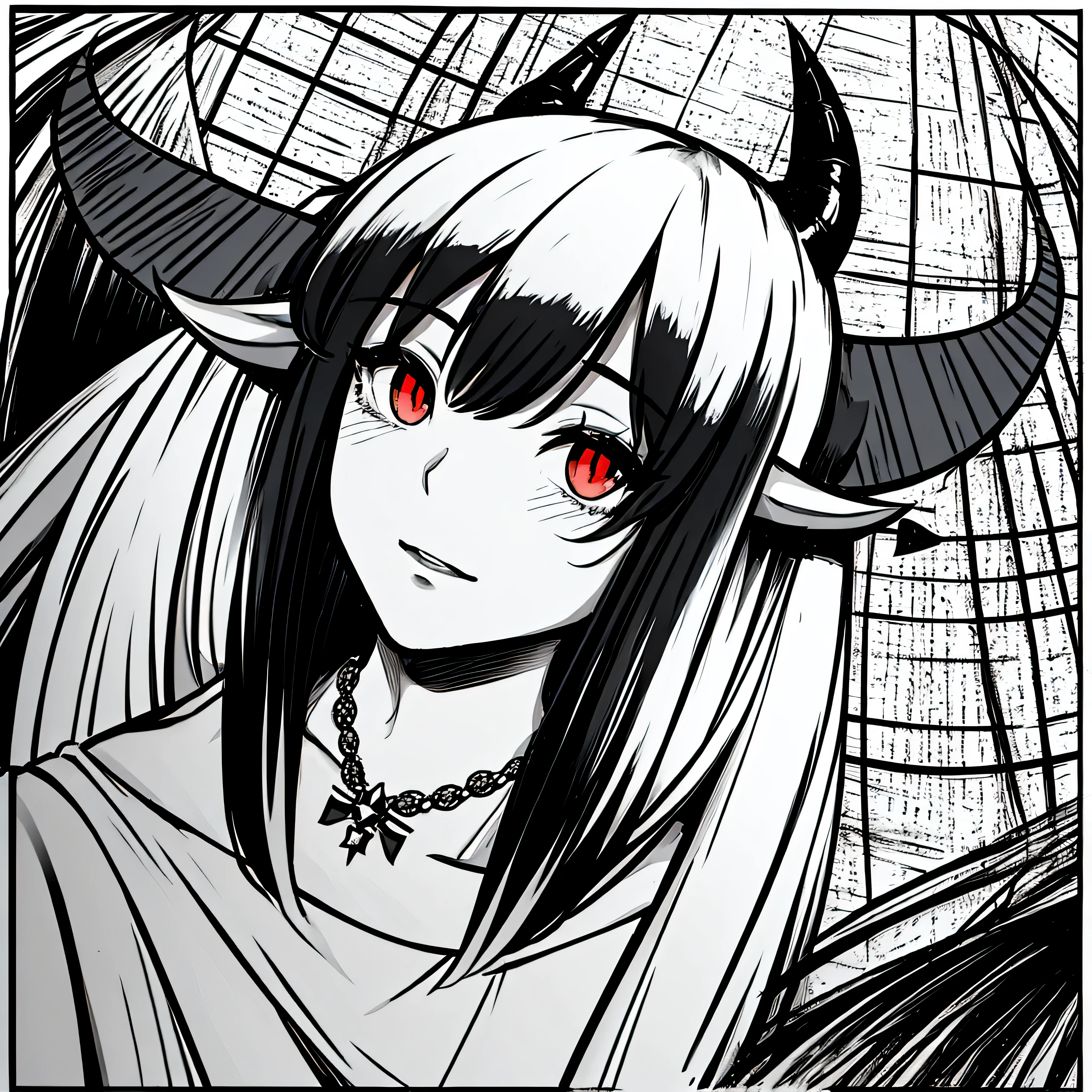 make a portrait of a devil horned girl in black and white colors