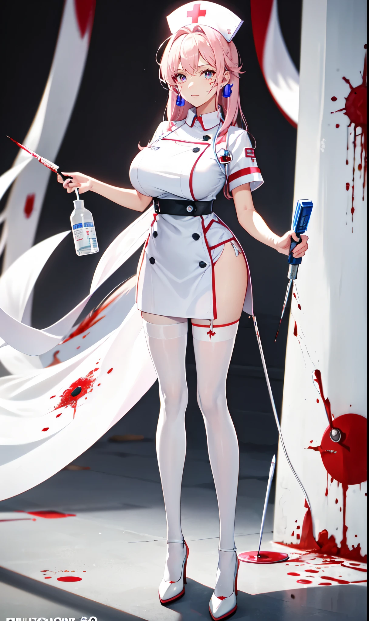 White hospital ward background,Hanging bottle,blood transfusion,light pink hair,Standing close-up,dream world,Sister nurse,(Handheld needle tube),Messy hair,Elongated danphoenix eyes,(white nurse,Handheld needle tube,The scars and blood stains on the body：2.0),(big breast)Background of blood bag decoration,(Pure white ward：1.9),Gentle and sickly nurse sister,white stockings,High heel,Detailedly drawn backgrounds