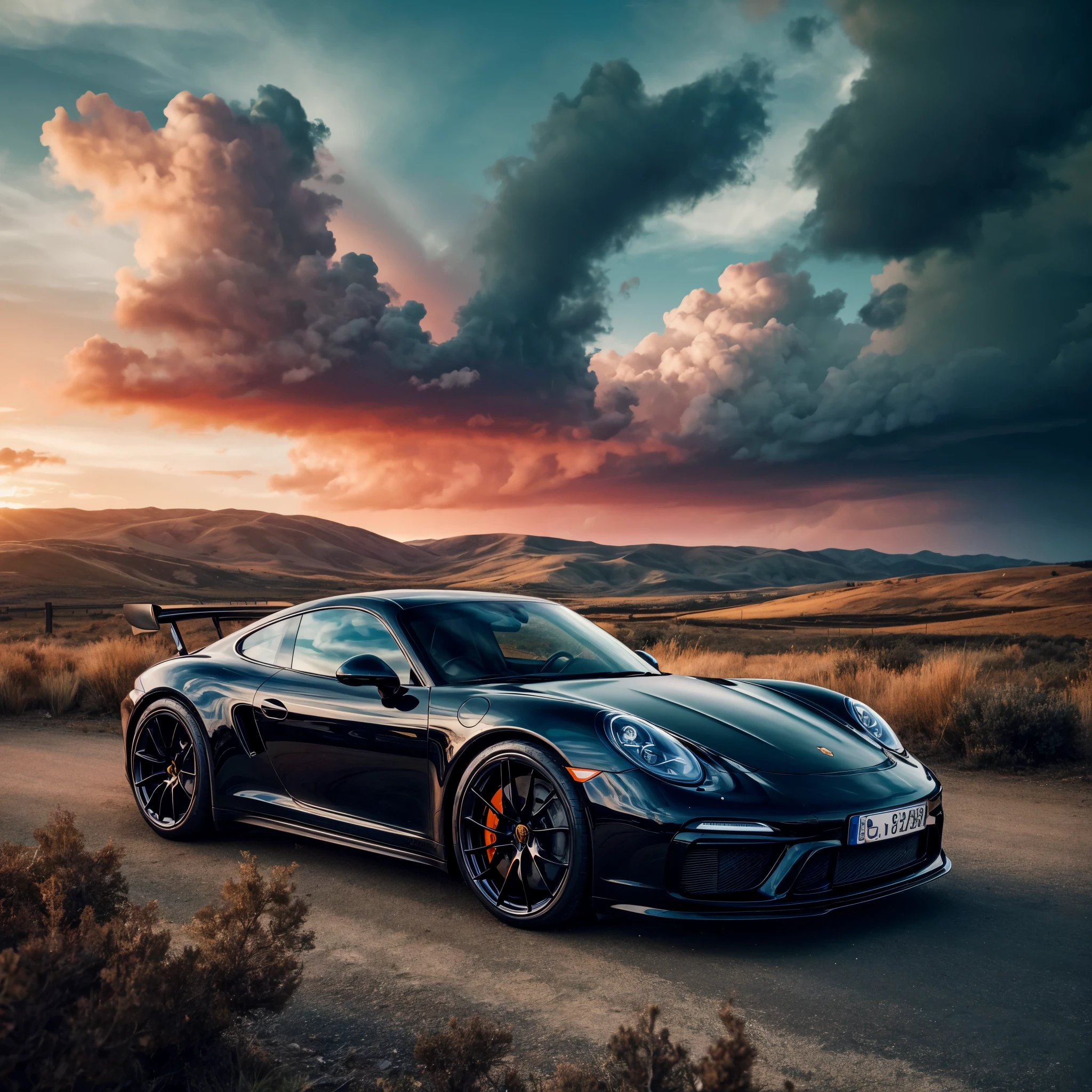 A sleek, Porsche GT with a glossy black finish, parked outdoors. The setting is a vast open space with sparse vegetation and rolling hills in the background. The sky is dramatic, filled with clouds that are illuminated by the vibrant hues of a sunset, casting a mix of warm and cool tones over the landscape.