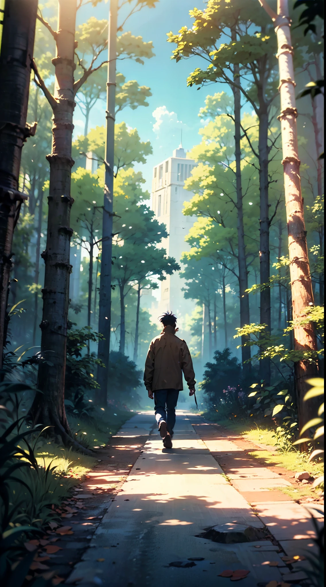 (best quality, 4k, 8k, highres, masterpiece:1.2), ultra-detailed, (realistic, photorealistic, photo-realistic:1.37), a boy walking down a dirt road in the middle of a forest, masterpiece, cinematic angle, dynamic framing, 1990's vintage looking cel-shaded anime, by rumiko takahashi
