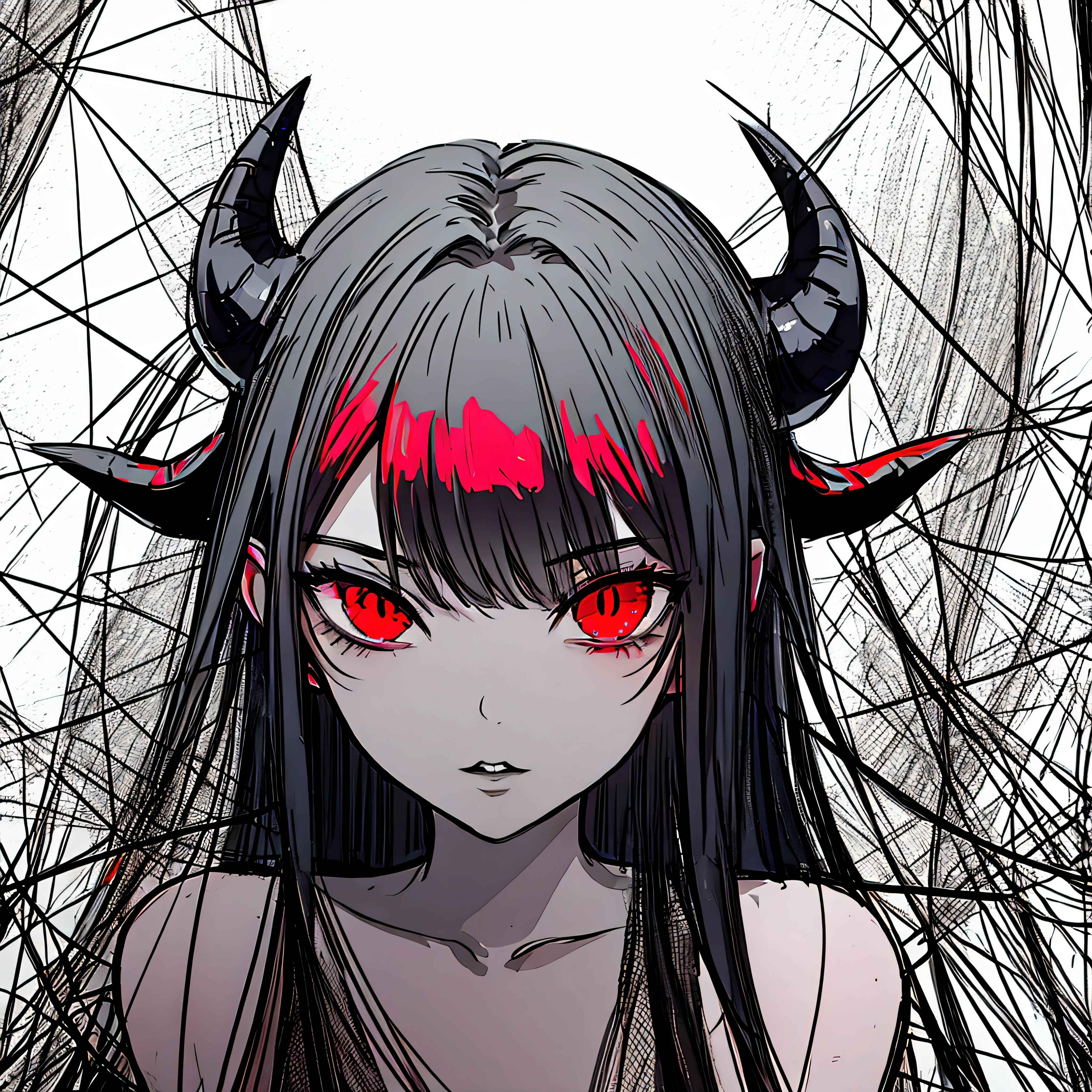 make a horror portrait of a devil horned girl with red eyes in black and white colors