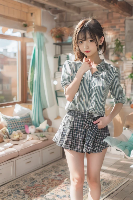 masterpiece , top quality , very detailed , 1 person, ((contrasting eyes)) , standing , blouse, skirt , bangs , room , indoor