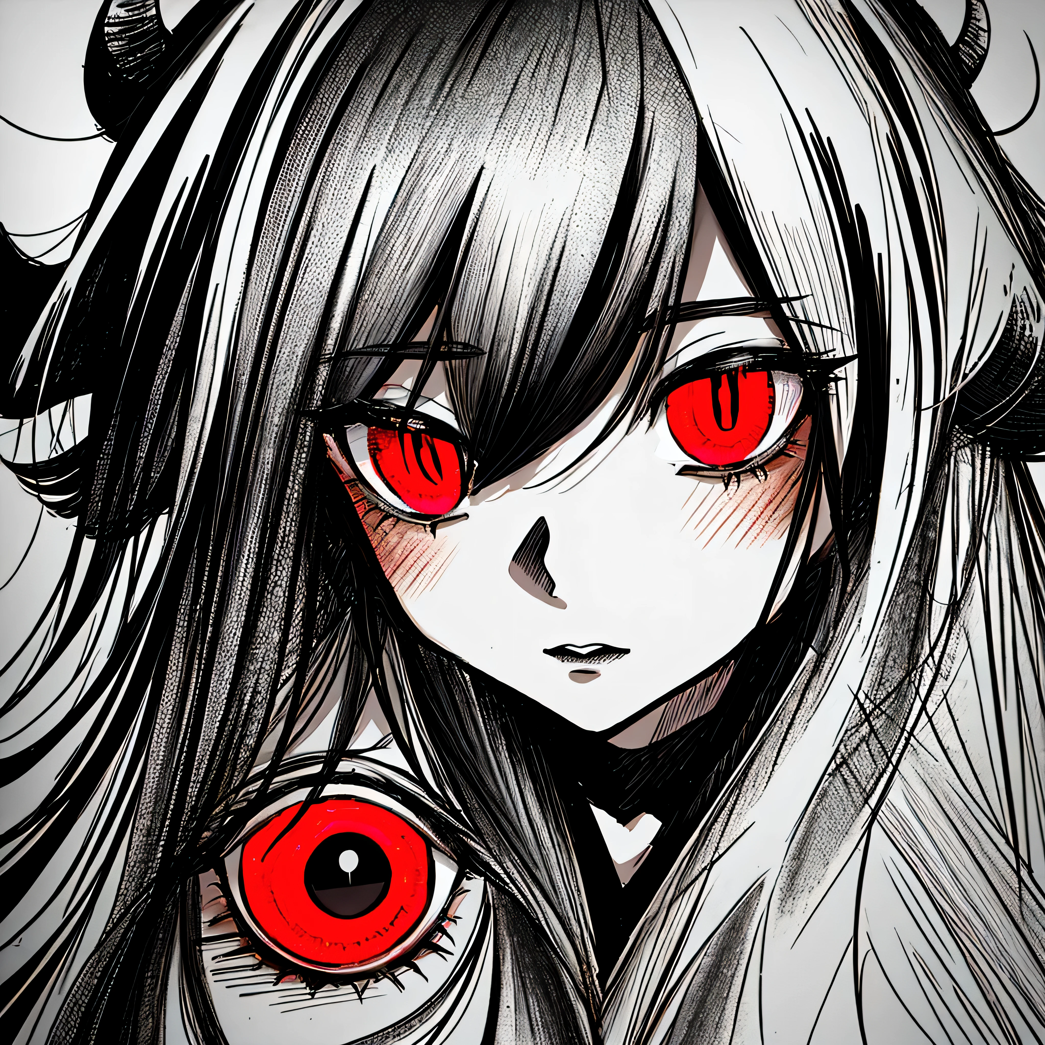 make a horror portrait of a devil horned girl with red eyes in black and white colors