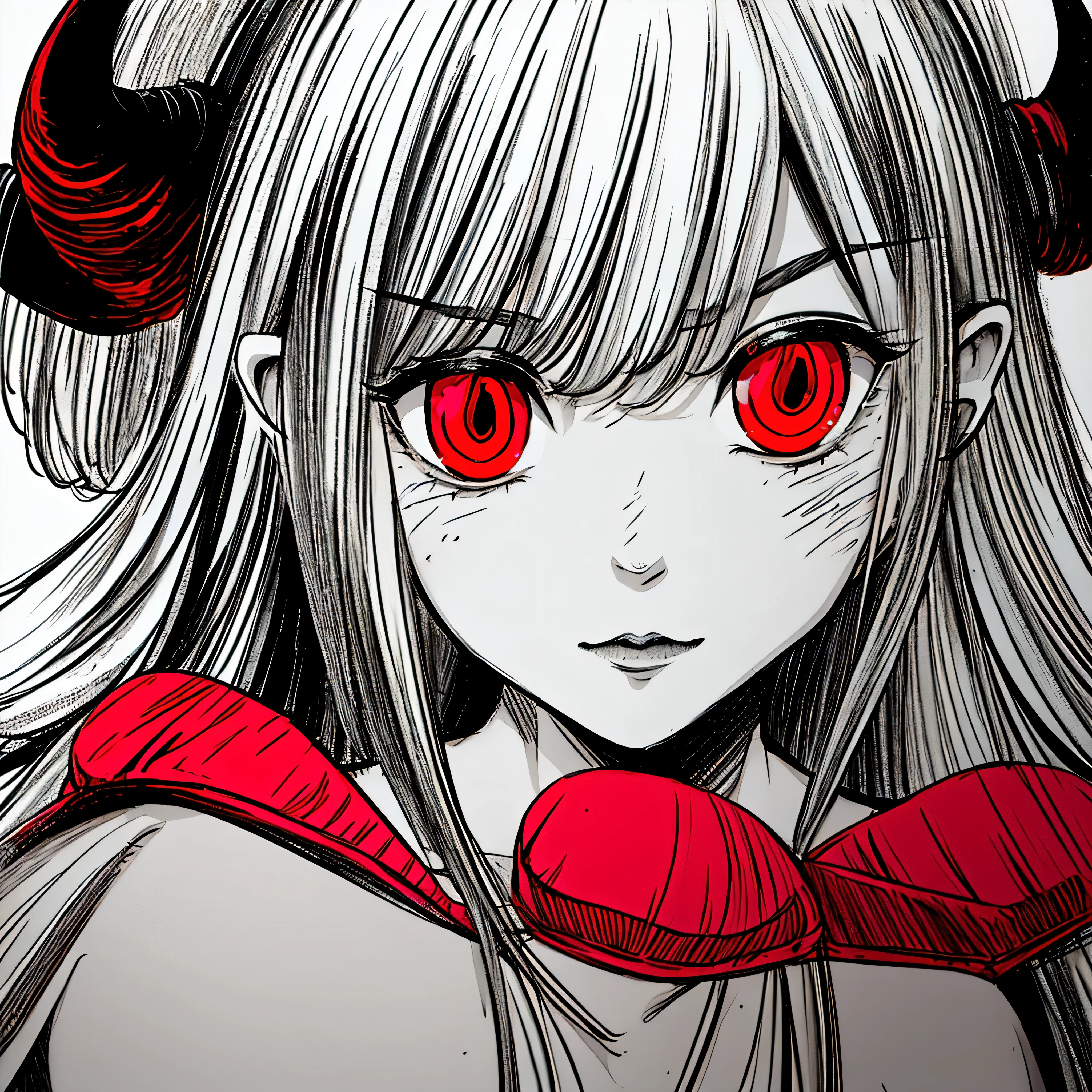 make a horror portrait of a devil horned girl with red eyes in black and white colors