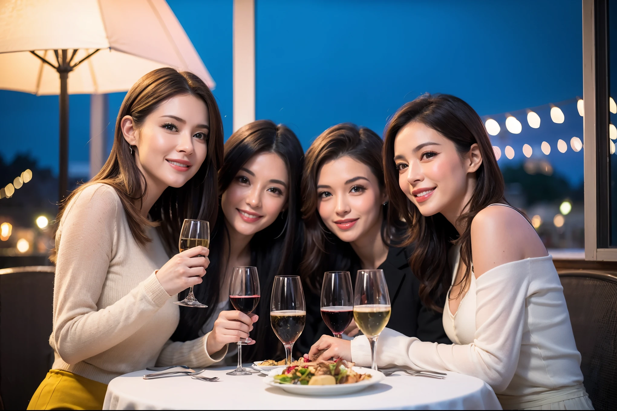 64k, UHD, highest quality, masterpiece: 1.2), (realistic, photorealistic: 1.37), Super detailed, celebration party、beauty、charming、beautiful mature woman、3 women who love wine、three men、champagne、Sparkling wine、winter night、restaurantでワイン宴会、(slimな男女4名),(Wine party for 5 people)、(slimフェイス),Happy、 最高なsmile、Fox Face、Raccoon face、Berry Short、(because I&#39;thin), (brown hair), (shortcut), long sleeve shirt、winter fashion、Colombia、Brazilian、Japanese、Dutch、German、Portuguese、Belgian、Italian、french, (gushing), (slimボティ), (brown hair), (shortcut), 端正なbeauty、cheeks blush a little, (41 years old), 38 years old, 35 years old、32 years old、 A beautiful and detailed night view spreads out outside the window......, restaurant, wine glassが座っている, At night, in a prominent place (from the Upper body) nova frog style, actress, model, Upper body, White wine, slim, wine glass, Very beautiful night view, wine glass Put in the Middle, Happy smile, (smile: 1.15), 