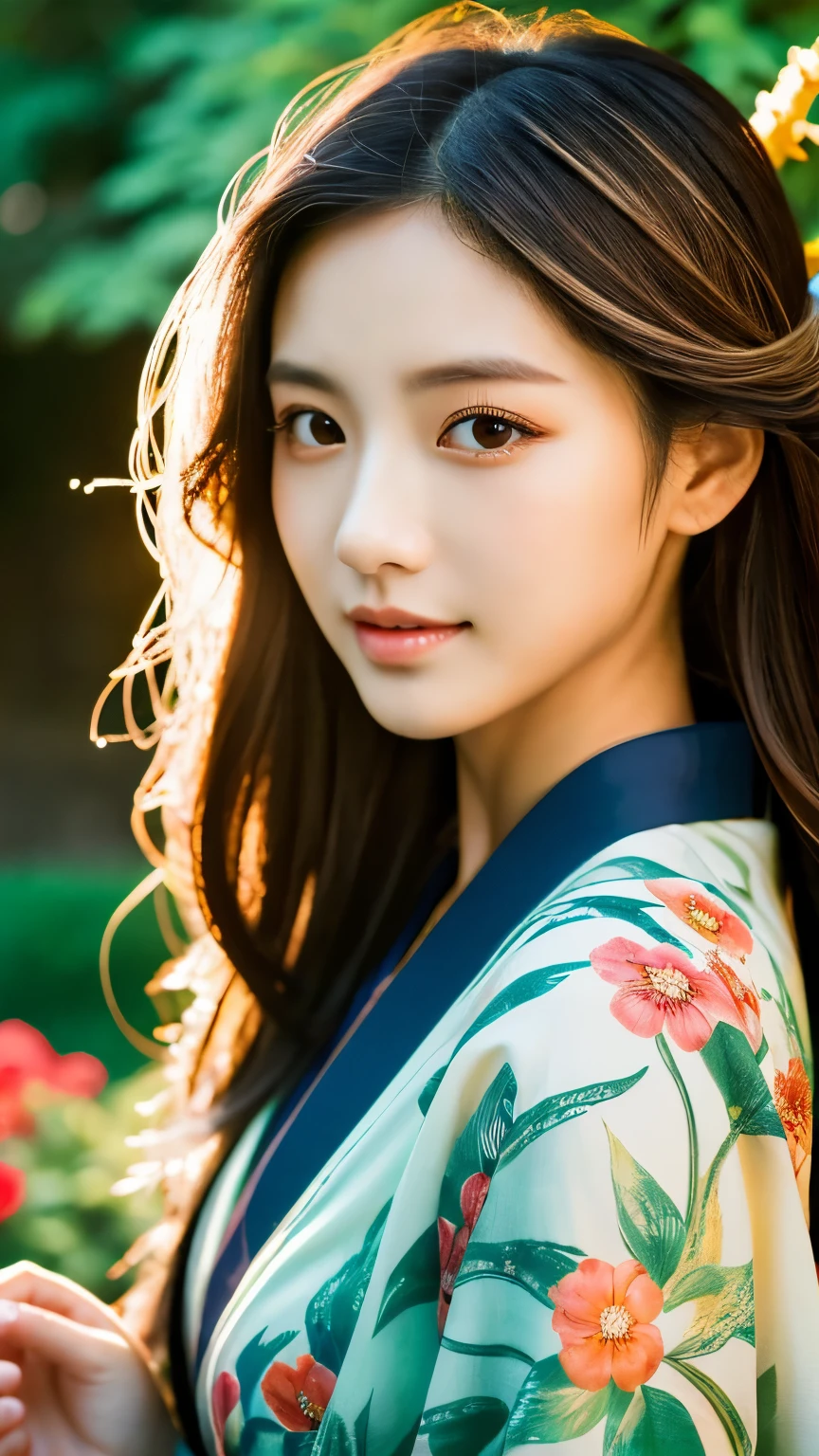 Beautiful Japanese supermodel woman, A lock of hair with slight highlights, black eyes, mixed media, Sexy，garden background，Gorgeous kimono , Liquid color flows across her face, sunset，Photographed by Wang Luodan