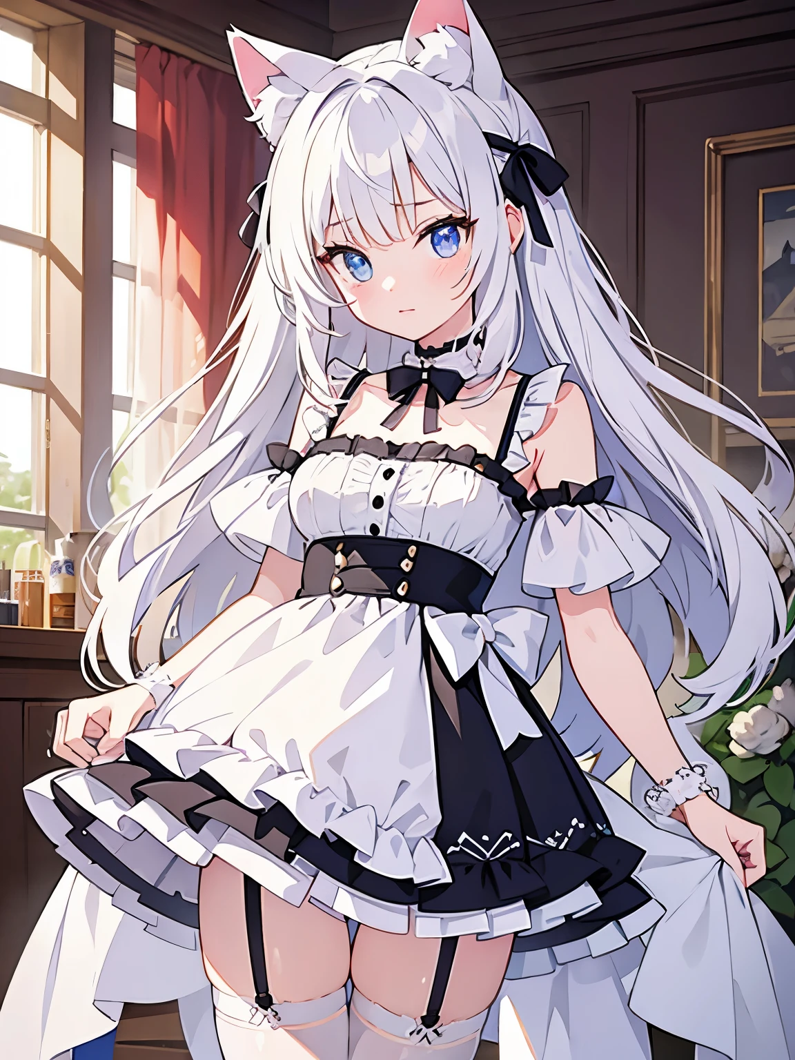 masterpiece, {{{{Highest quality}}}}, beautiful,1 girl, White_hair, cat ears(White), cat tail(White), frilled choker、miniskirt_dress, bare_shoulders, garter belt,garter straps