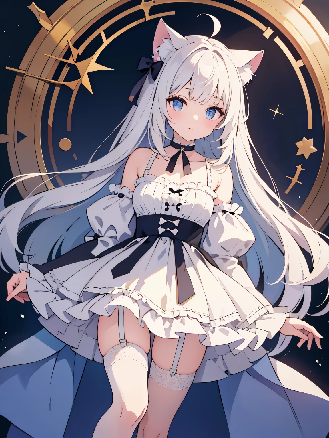 masterpiece, {{{{Highest quality}}}}, beautiful,1 girl, White_hair, cat ears(White), cat tail(White), frilled choker、miniskirt_dress, bare_shoulders, garter belt,garter straps