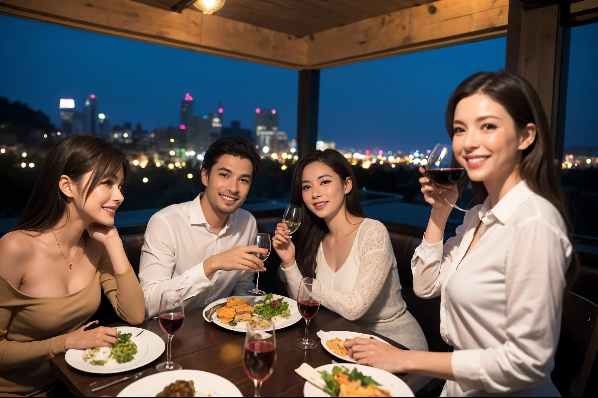 64k, UHD, highest quality, masterpiece: 1.2), (realistic, photorealistic: 1.37), Super detailed, celebration party、beauty、attractive、beautiful mature woman、3 women who love wine、three men、champagne、Sparkling wine、winter night、restaurantでワイン宴会、(slimな男女4名),(Wine party for 5 people)、(slimフェイス),Happy、 最高なsmile、Fox Face、Raccoon face、Berry Short、(because I'thin), (brown hair), (shortcut), long sleeve shirt、winter fashion、Colombia、Brazilian、Japanese、Dutch、German、Portuguese、Belgian、Italian、french, (gushing), (slimボティ), (brown hair), (shortcut), 端正なbeauty、cheeks blush a little, (41 years old), 38 years old, 35 years old、32 years old、 43 years old、A beautiful and detailed night view spreads out outside the window......, restaurant, wine glassが座っている, At night, in a prominent place (from the Upper body) nova frog style, actress, model, Upper body, White wine, slim, wine glass, Very beautiful night view, wine glass Put in the Middle, Happy smile, (smile: 1.15),