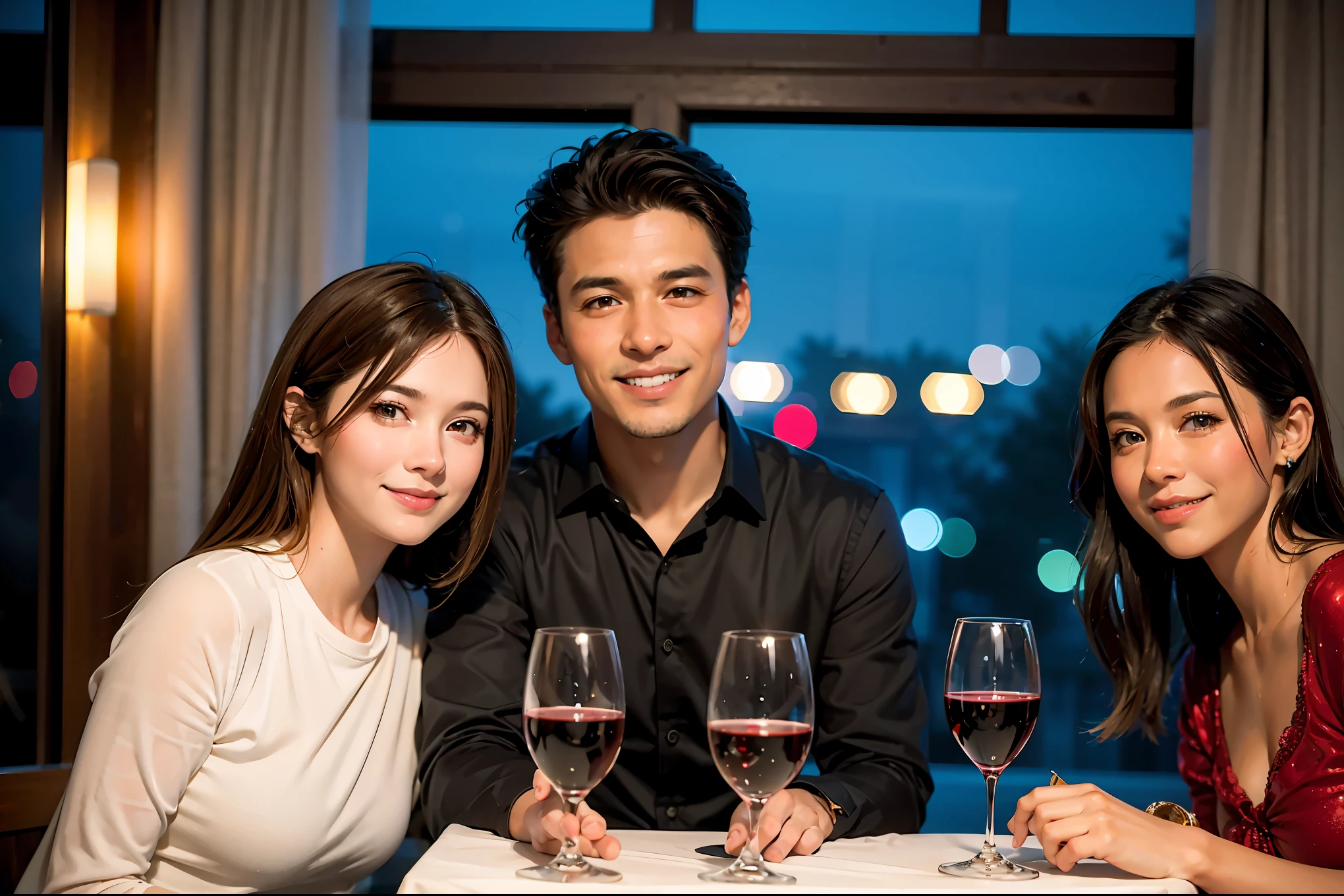 64k, UHD, highest quality, masterpiece: 1.2), (realistic, photorealistic: 1.37), Super detailed, celebration party、beauty、charming、beautiful mature woman、3 women who love wine、three men、champagne、Sparkling wine、winter night、restaurantでワイン宴会、(slimな男女4名),(Wine party for 5 people)、(slimフェイス),Happy、 最高なsmile、Fox Face、Berry Short、(because I'thin), (brown hair), (shortcut), long sleeve shirt、winter fashion、Japanese、Dutch、German、Portuguese、Belgian、Italian、french, (gushing), (slimボティ), (brown hair), (shortcut), 端正なbeauty、cheeks blush a little, (34 years old), 38 years old,32 years old、40 years old、29yo、 A beautiful and detailed night view spreads out outside the window....., restaurant, wine glassが座っている, At night, in a prominent place (from the Upper body) nova frog style, actress, model, Upper body, White wine, slim, wine glass, Very beautiful night view, wine glass Put in the Middle, Happy smile, (smile: 1.15),