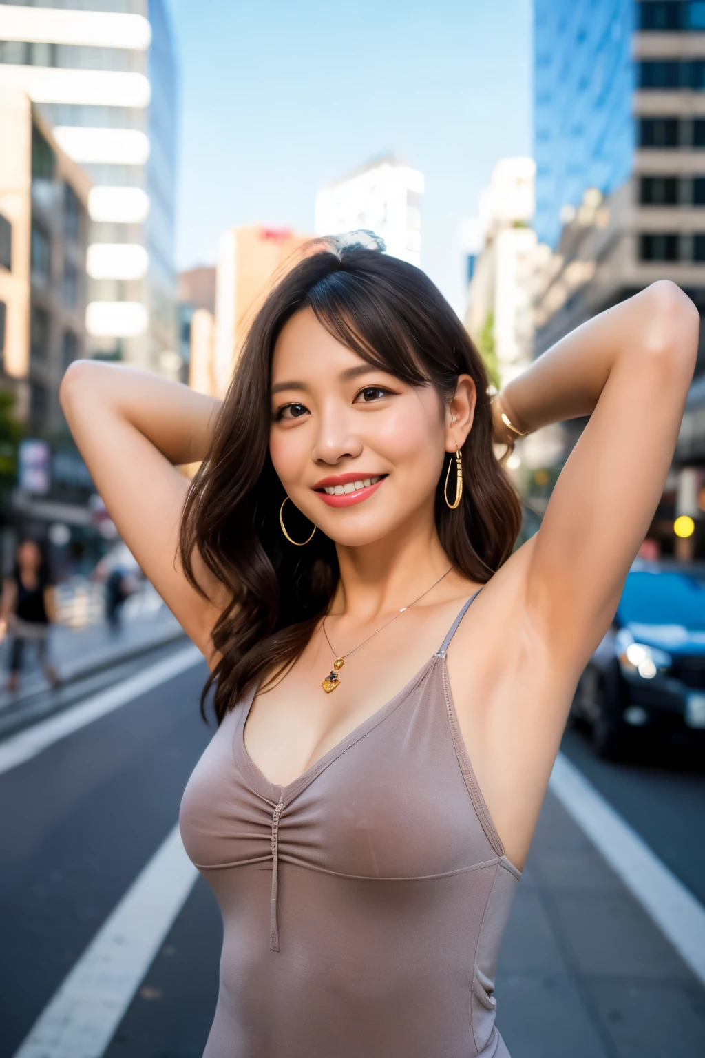 ((Best quality, 8k, Masterpiece :1.3)), big nipples, armpit, Japanese hot milf worker with horny body, pubic hair, Ultra-detailed face, Detailed eyes, Double eyelid, smiling, a coquettish look, ponytail hairstyle, wearing a cami sole and pants, necklace and earrings, in a big city, outdoor,