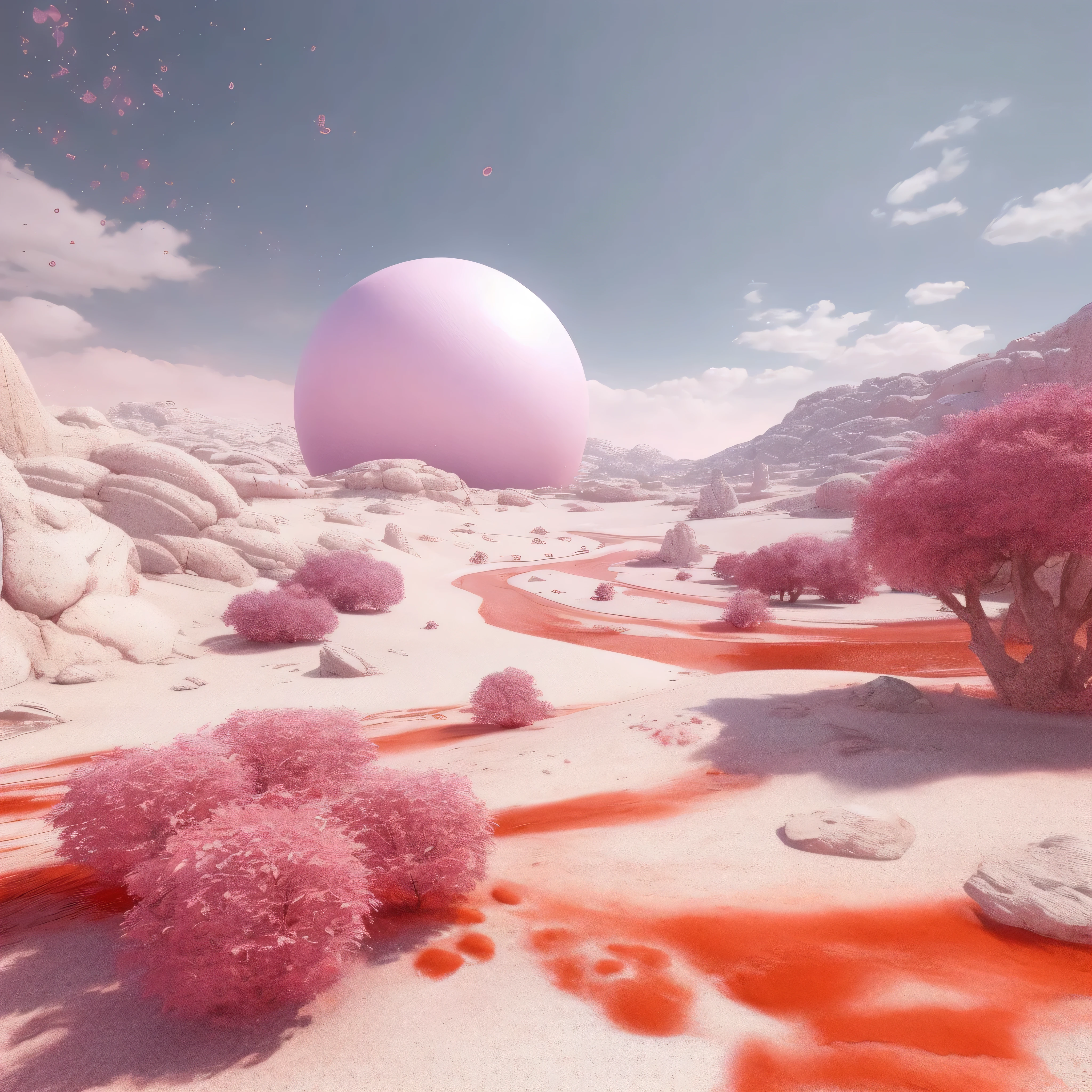 There is a pink desert,There is a pink ball in the distance, Highly detailed and ultra-realistic visuals, surrealism 8k, fantasy style 8 k octane rendering, pink landscape, forest pink fog planet, realism | bible, bible. octane rendering, Hyperrealistic 3D rendering, in a surreal dream landscape, Art style of Philip Hodas