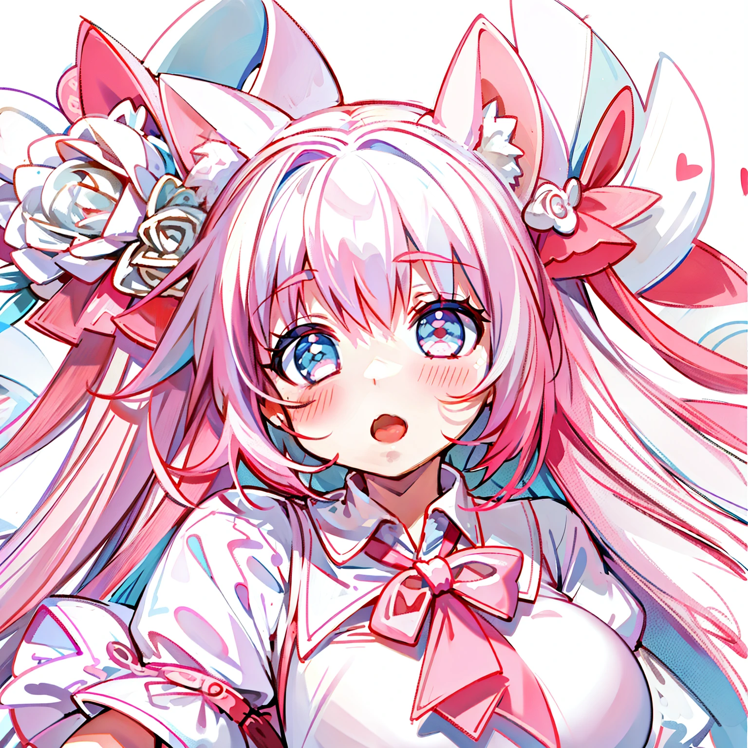 Masterpiece,Best quality, White background, (10:1girll), (10:One guy), Very long hair, White and pink hair , Love decoration , Multiple cyan and pink bows, White and pink pair of cat ears , Cyan eyes , Look straight ahead , love heart , Pink bow tie , White clothes , 5:Open mouth, 5:teeth