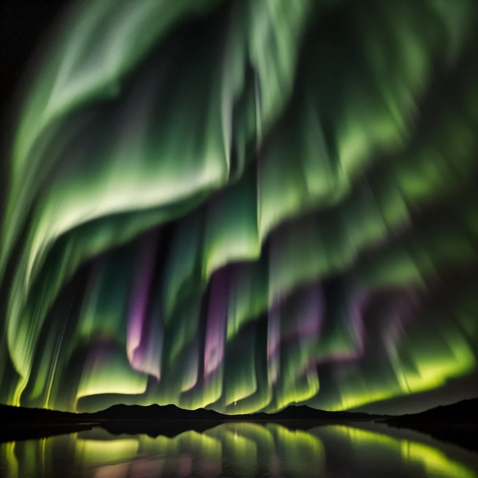 Draw a minimalist silhouette of a tranquil Icelandic landscape with a mirror lake, reflecting the bright shades of the northern lights dancing overhead.. Use thin black lines, to outline the contours of the mountains., trees, and shimmering auroras against a serene white background, capture the ethereal beauty and unique magic of watching the Northern Lights in Iceland.