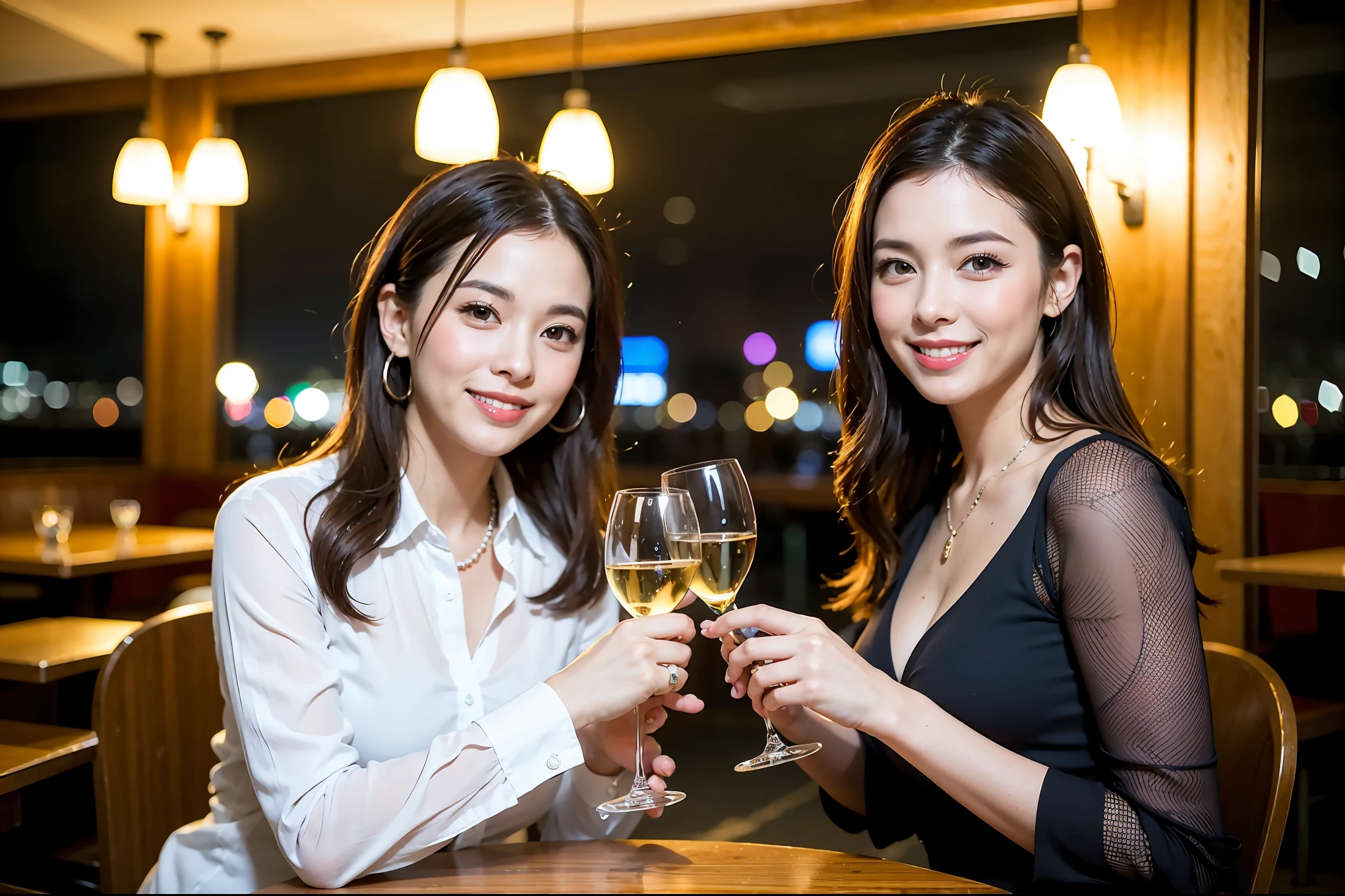 64k, UHD, highest quality, masterpiece: 1.2), (realistic, photorealistic: 1.37), Super detailed, celebration party、beauty、charming、beautiful mature woman、3 women who love wine、three men、champagne、Sparkling wine、winter night、restaurantでワイン宴会、(slimな男女4名),(Wine party for 5 people)、(slimフェイス),Happy、 最高なsmile、Fox Face、Berry Short、(because I'thin), (brown hair), (shortcut), long sleeve shirt、winter fashion、Japanese、Dutch、German、Portuguese、Belgian、Italian、french, (gushing), (slimボティ), (brown hair), (shortcut), 端正なbeauty、cheeks blush a little, (34 years old), 38 years old,32 years old、40 years old、29yo、 A beautiful and detailed night view spreads out outside the window....., restaurant, wine glassが座っている, At night, in a prominent place (from the Upper body) nova frog style, actress, model, Upper body, White wine, slim, wine glass, Very beautiful night view, wine glass Put in the Middle, Happy smile, (smile: 1.15),