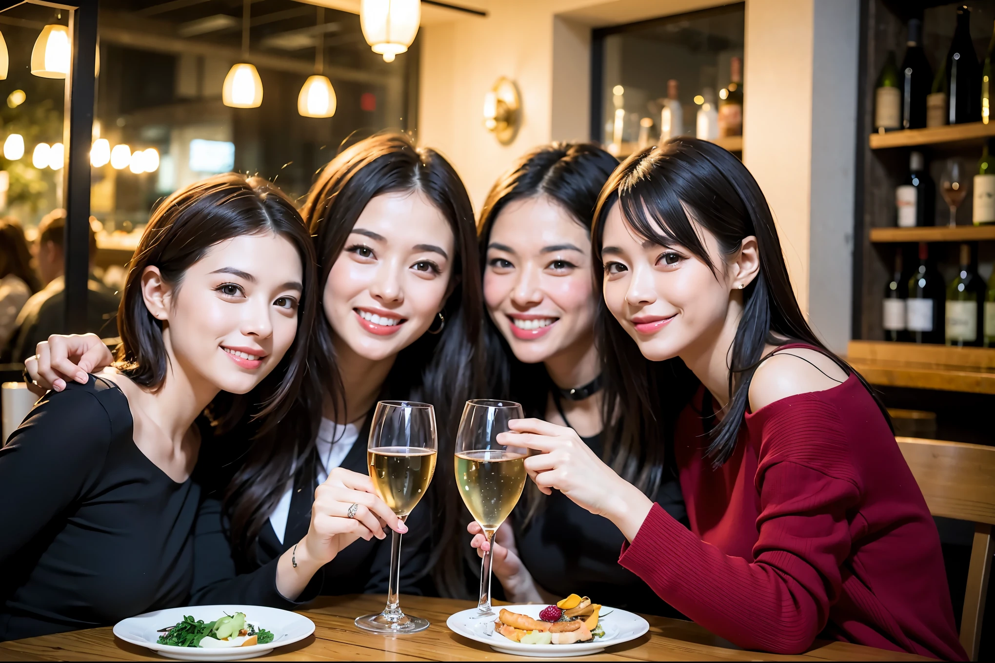 64k, UHD, highest quality, masterpiece: 1.2), (realistic, photorealistic: 1.37), Super detailed, celebration party、beauty、charming、beautiful mature woman、3 women who love wine、three men、champagne、Sparkling wine、winter night、restaurantでワイン宴会、(slimな男女4名),(Wine party for 5 people)、(slimフェイス),Happy、 最高なsmile、Fox Face、Berry Short、(because I&#39;thin), (brown hair), (shortcut), long sleeve shirt、winter fashion、Japanese、Dutch、German、Portuguese、Belgian、Italian、french, (gushing), (slimボティ), (brown hair), (shortcut), 端正なbeauty、cheeks blush a little, (34 years old), 38 years old,32 years old、40 years old、29yo、 A beautiful and detailed night view spreads out outside the window....., restaurant, wine glassが座っている, At night, in a prominent place (from the Upper body) nova frog style, actress, model, Upper body, White wine, slim, wine glass, Very beautiful night view, wine glass Put in the Middle, Happy smile, (smile: 1.15), 