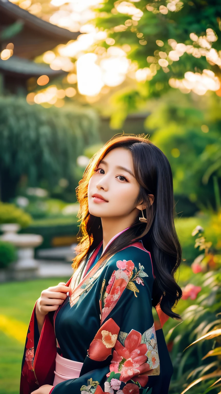 Beautiful Japanese supermodel woman, A lock of hair with slight highlights, black eyes, mixed media, Sexy,garden background,Gorgeous kimono , Liquid color flows across her face, sunset,Photographed by Wang Luodan