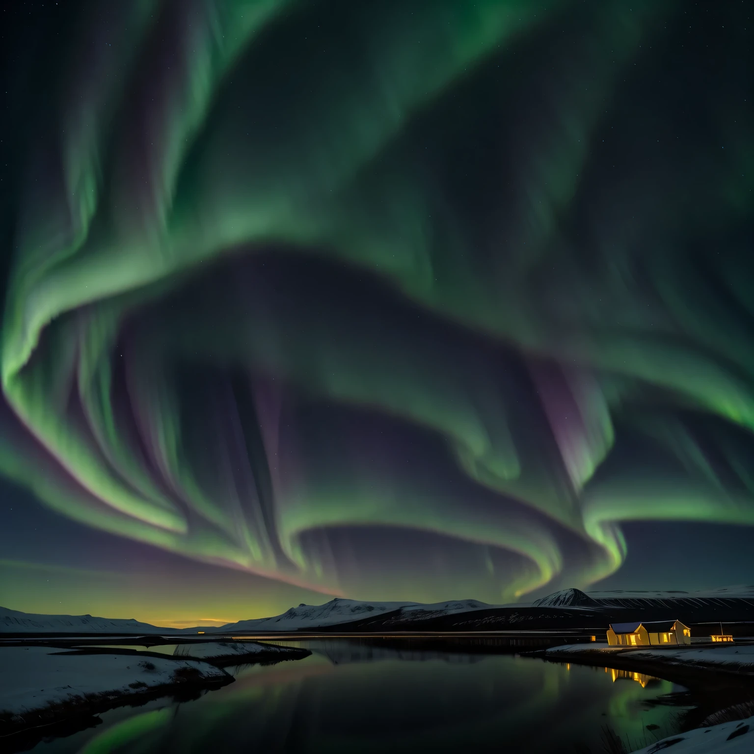 Draw a minimalist silhouette of a tranquil Icelandic landscape with a mirror lake, reflecting the bright shades of the Northern Lights dancing overhead and the twinkling of the bright stars of the constellations of the Icelandic sky.. Use thin black lines, to outline the contours of the mountains., trees and shimmering aurora on a serene white background, capture unearthly beauty and magic, a once-in-a-lifetime experience when watching the Northern Lights in Iceland.