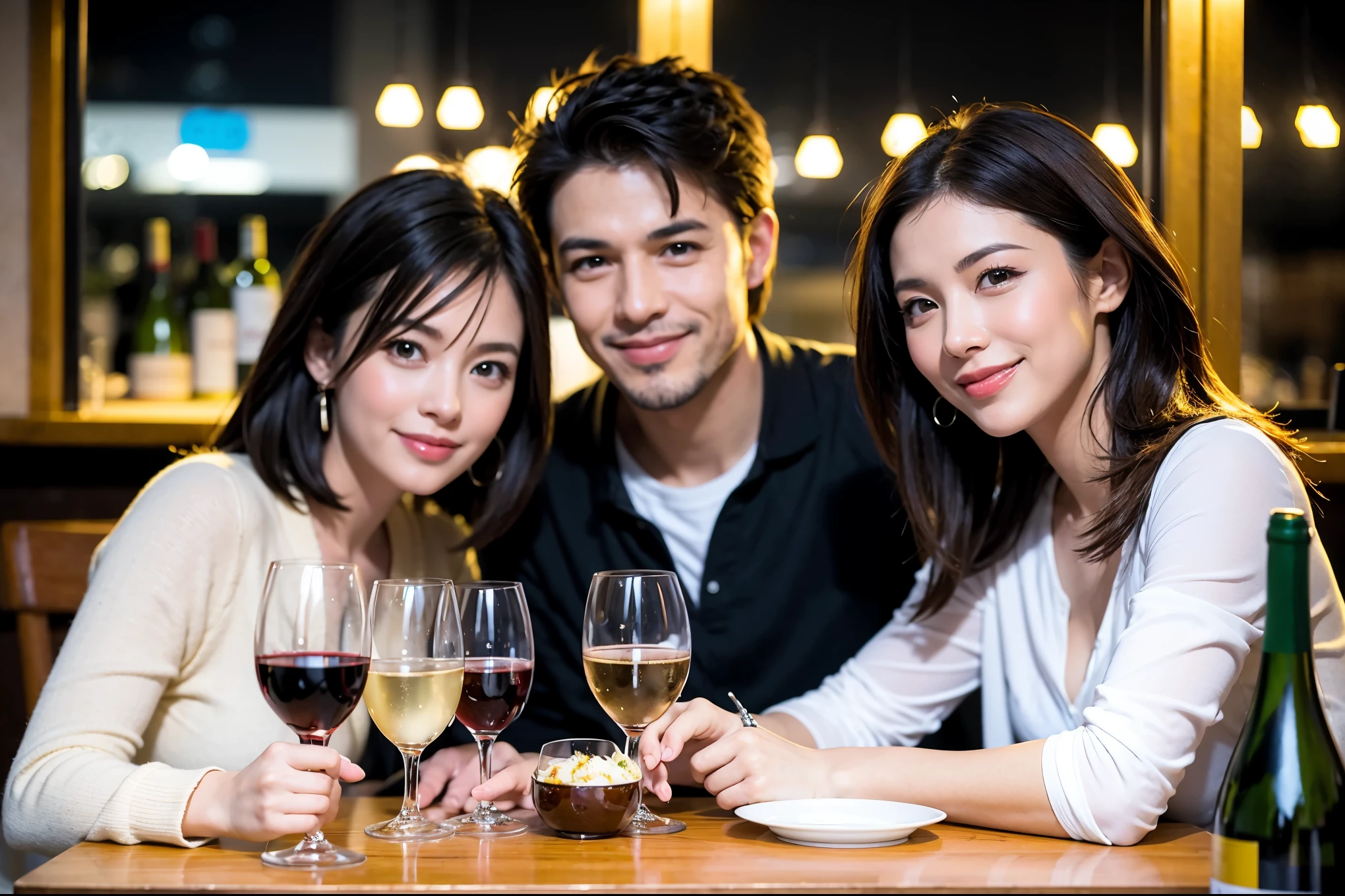 64k, UHD, highest quality, masterpiece: 1.2), (realistic, photorealistic: 1.37), Super detailed, celebration party、beauty、charming、beautiful mature woman、3 women who love wine、three men、champagne、Sparkling wine、winter night、restaurantでワイン宴会、(slimな男女4名),(Wine party for 5 people)、(slimフェイス),Happy、 最高なsmile、Fox Face、Berry Short、(because I&#39;thin), (brown hair), (shortcut), long sleeve shirt、winter fashion、Colombia、Brazilian、Japanese、Dutch、German、Portuguese、Belgian、Italian、french, (gushing), (slimボティ), (brown hair), (shortcut), 端正なbeauty、cheeks blush a little, (41 years old), 38 years old, 35 years old、32 years old、 A beautiful and detailed night view spreads out outside the window......, restaurant, wine glassが座っている, At night, in a prominent place (from the Upper body) nova frog style, actress, model, Upper body, White wine, slim, wine glass, Very beautiful night view, wine glass Put in the Middle, Happy smile, (smile: 1.15), 