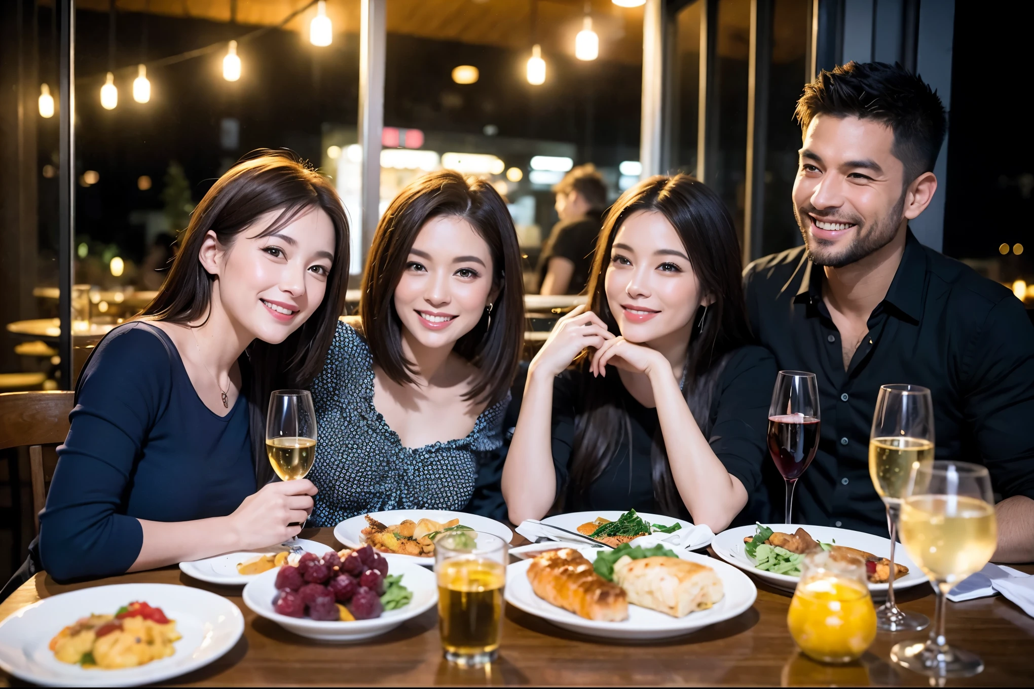 64k, UHD, highest quality, masterpiece: 1.2), (realistic, photorealistic: 1.37), Super detailed, celebration party、beauty、charming、beautiful mature woman、3 women who love wine、three men、champagne、Sparkling wine、winter night、restaurantでワイン宴会、(slimな男女4名),(Wine party for 5 people)、(slimフェイス),Happy、 最高なsmile、Fox Face、Berry Short、(because I'thin), (brown hair), (shortcut), long sleeve shirt、winter fashion、Colombia、Brazilian、Japanese、Dutch、German、Portuguese、Belgian、Italian、french, (gushing), (slimボティ), (brown hair), (shortcut), 端正なbeauty、cheeks blush a little, (41 years old), 38 years old, 35 years old、32 years old、 A beautiful and detailed night view spreads out outside the window......, restaurant, wine glassが座っている, At night, in a prominent place (from the Upper body) nova frog style, actress, model, Upper body, White wine, slim, wine glass, Very beautiful night view, wine glass Put in the Middle, Happy smile, (smile: 1.15),