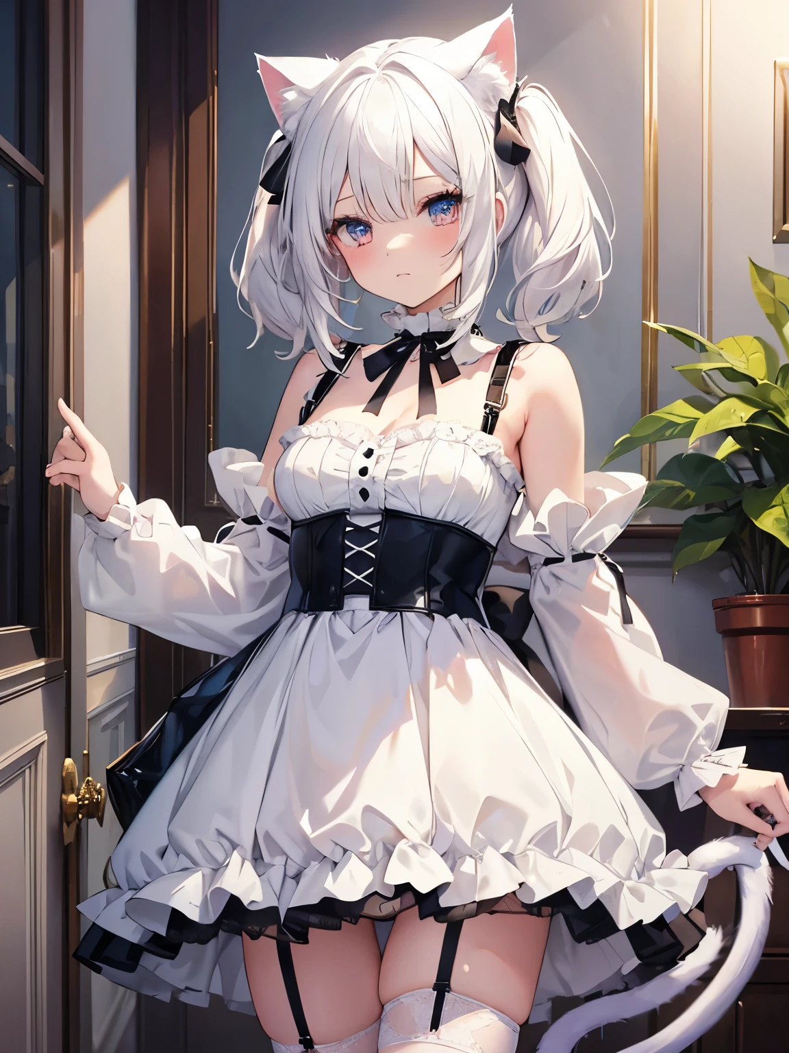 masterpiece, {{{{Highest quality}}}}, beautiful,1 girl, White_hair, cat ears(White), cat tail(White), frilled choker、miniskirt_dress, bare_shoulders, garter belt,garter straps