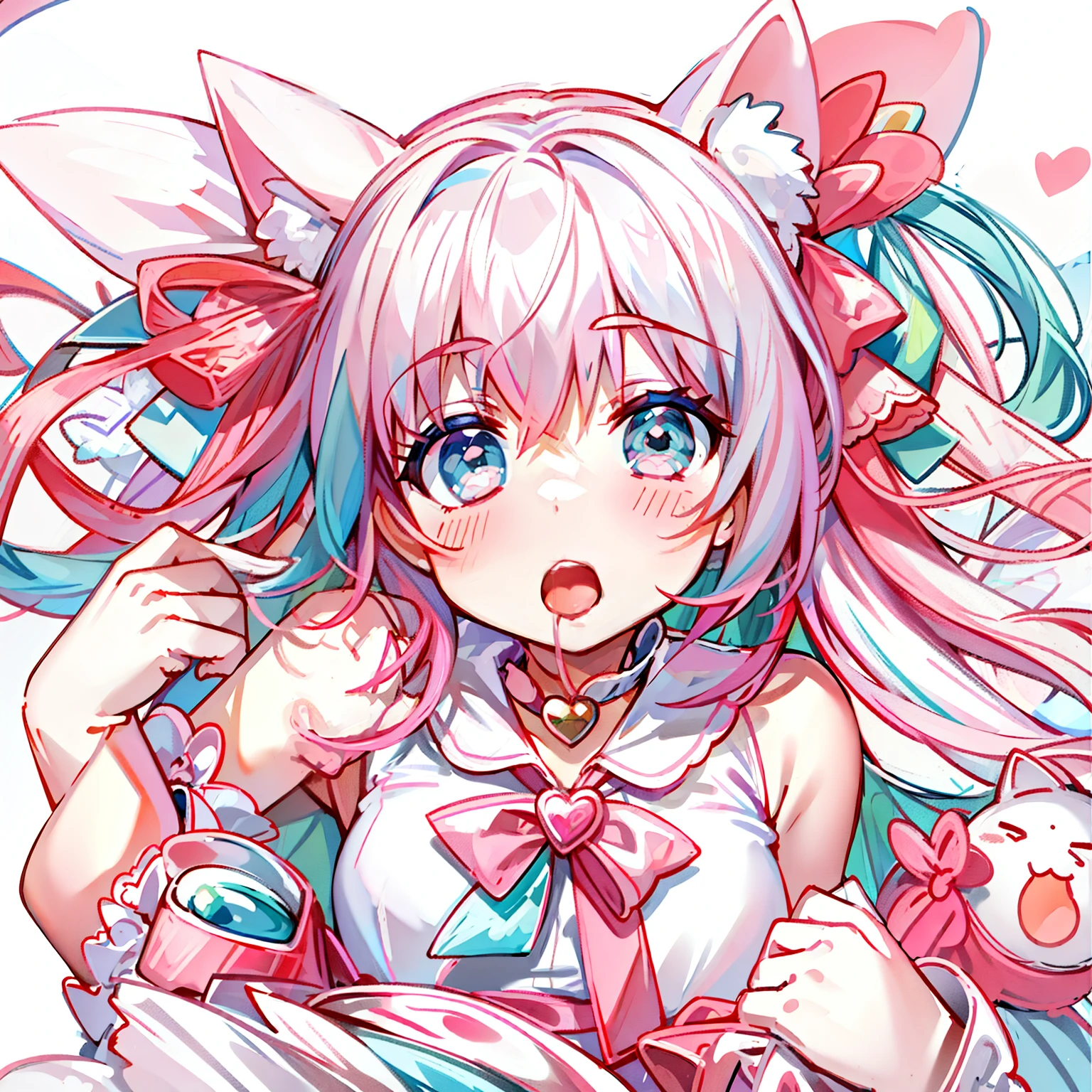 Masterpiece,Best quality, White background, (10:1girll), (10:One guy), Very long hair, White and pink hair , Love decoration , Multiple cyan and pink bows, White and pink pair of cat ears , Cyan eyes , Look straight ahead , love heart , Pink bow tie , White clothes , 5:Open mouth, 5:teeth