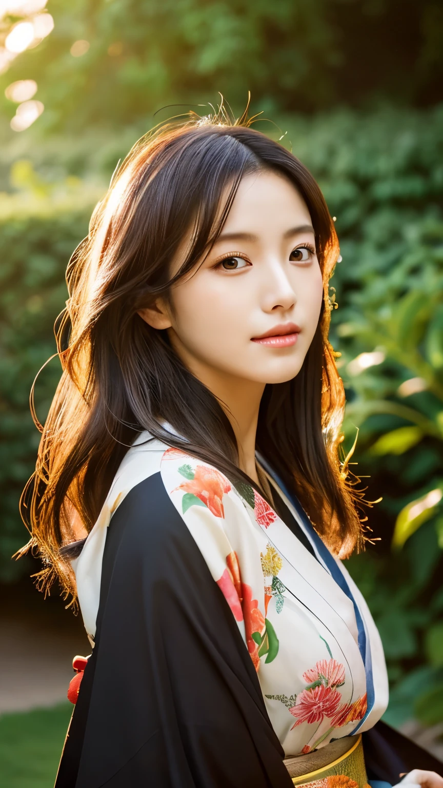 Beautiful Japanese supermodel woman, A lock of hair with slight highlights, black eyes, mixed media, Sexy,garden background,Gorgeous kimono , Liquid color flows across her face, sunset,Photographed by Wang Luodan