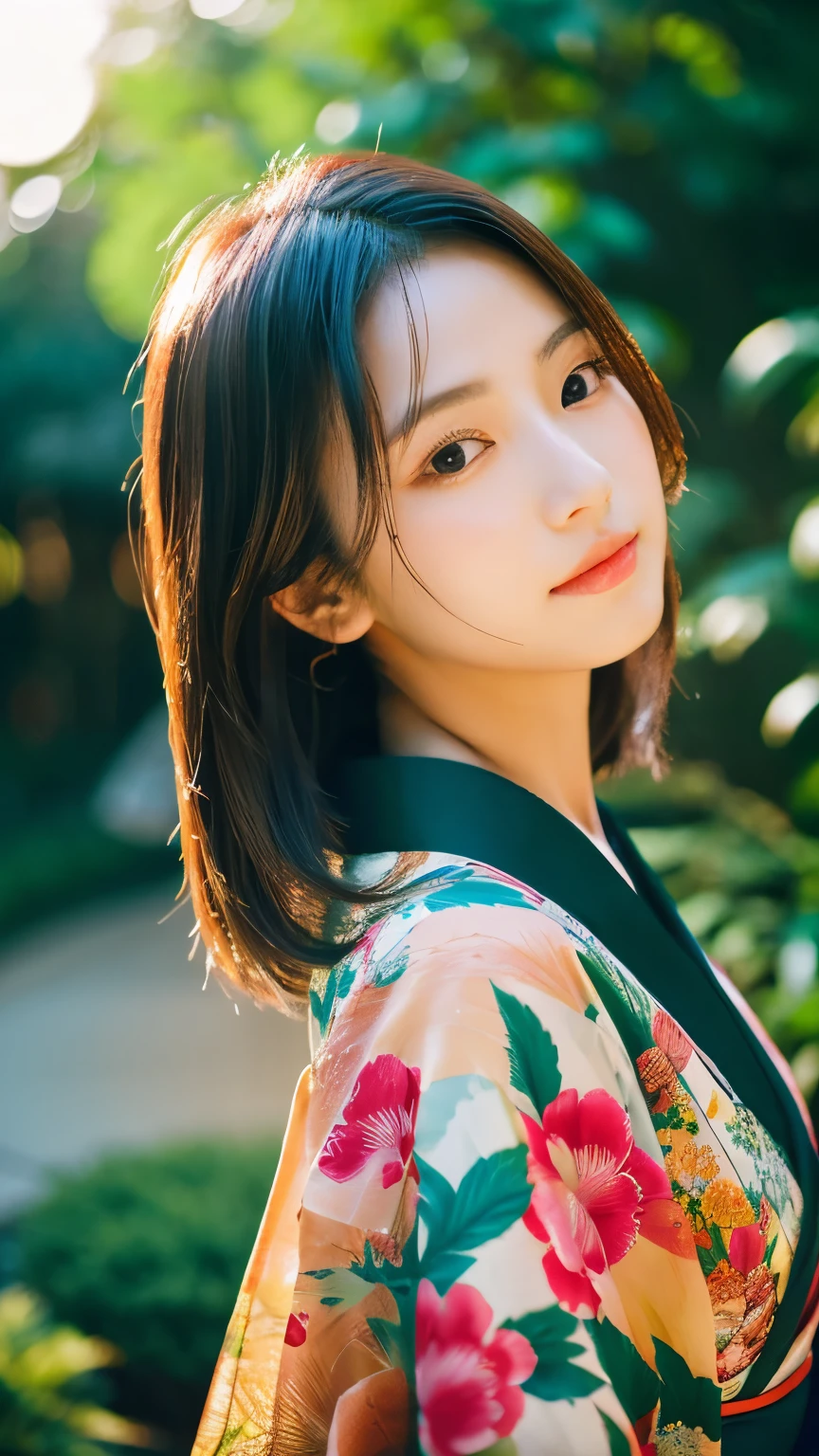 Beautiful Japanese supermodel woman, A lock of hair with slight highlights, black eyes, mixed media, Sexy，garden background，Gorgeous kimono , Liquid color flows across her face, sunset，Photographed by Wang Luodan