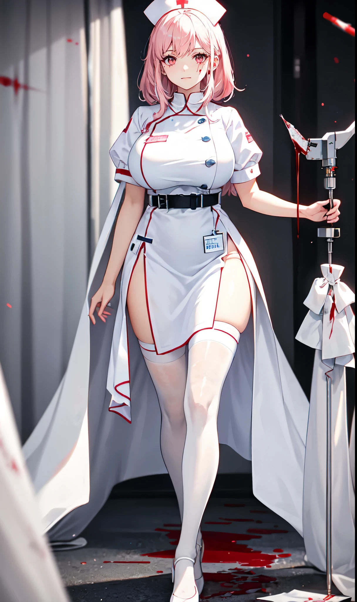 White hospital ward background,Hanging bottle,blood transfusion,light pink hair,Standing close-up,dream world,Sister nurse,(Handheld needle tube),Messy hair,Elongated danphoenix eyes,(white nurse,Handheld needle tube,Loose white nurse gown,Scars and blood stains on clothes：2.0),(big breast)Background of blood bag decoration,(Pure white ward：1.9),Yandere nurse sister,white stockings,High heel,Detailedly drawn backgrounds