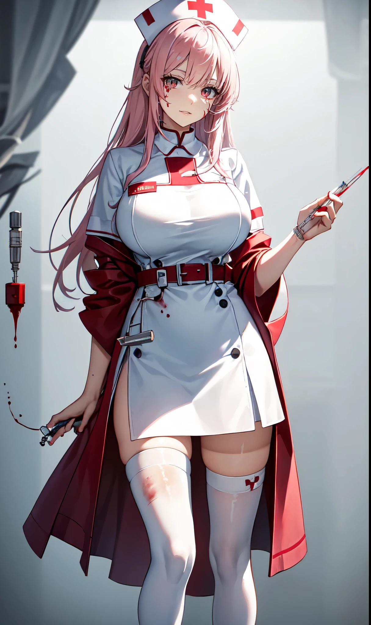 White hospital ward background,Hanging bottle,blood transfusion,light pink hair,Standing close-up,dream world,Sister nurse,(Handheld needle tube),Messy hair,Elongated danphoenix eyes,(white nurse,Handheld needle tube,The scars and blood stains on the body:2.0),(big breast),Blood bag decoration on chest with metal cross background,(Pure white ward:1.9),Gentle and sickly nurse sister,white stockings,High heel,Detailedly drawn backgrounds