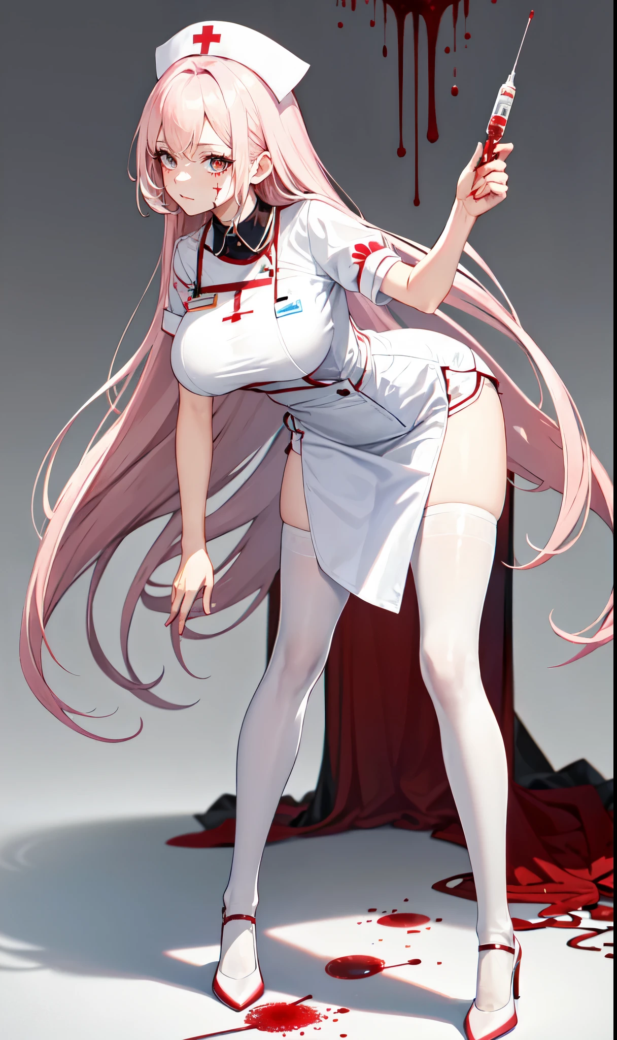 White hospital ward background,Hanging bottle,blood transfusion,light pink hair,Standing close-up,dream world,Sister nurse,(Handheld needle tube),Messy hair,Elongated danphoenix eyes,(white nurse,Handheld needle tube,Loose white nurse gown,Scars and blood stains on clothes:2.0),(big breast)Background of blood bag decoration,(Pure white ward:1.9),Yandere nurse sister,white stockings,High heel,Detailedly drawn backgrounds