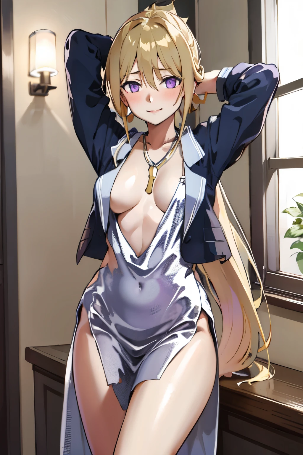 masterpiece, best quality, highres, high_definition, very long hair, a hotel, 1girl, solo, a woman in a y dress, sexose, blush, little smile, bangs, hair_between_eyes, purple eyes, blond hair, ponytail, medium_breast, seductipose, sexy pose, very g hair, arm behind head, blue jacket, silver dress,