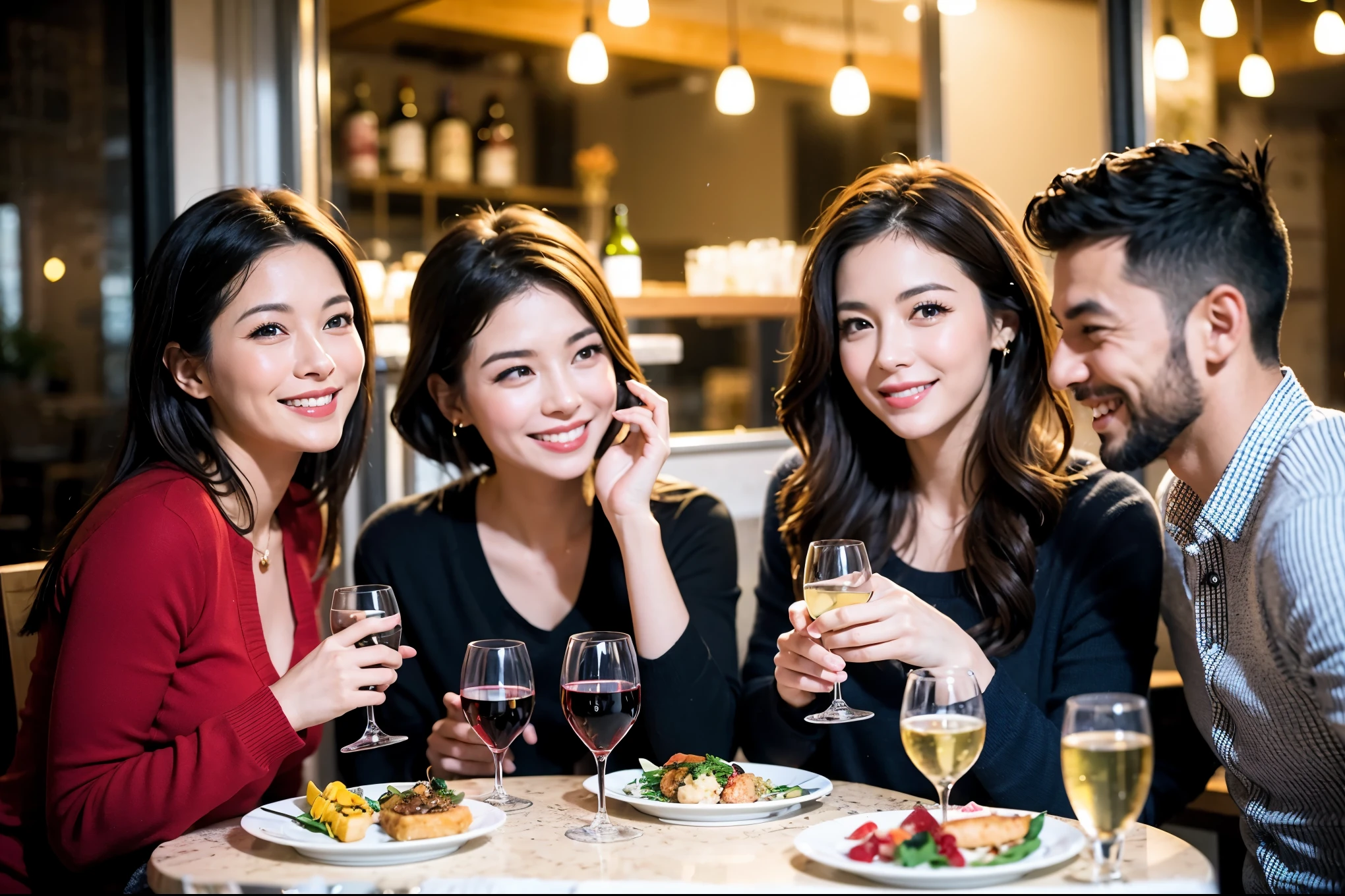 64k, UHD, highest quality, masterpiece: 1.2), (realistic, photorealistic: 1.37), Super detailed, celebration party、beauty、charming、beautiful mature woman、3 women who love wine、three men、champagne、Sparkling wine、winter night、restaurantでワイン宴会、(slimな男女4名),(Wine party for 5 people)、(slimフェイス),Happy、 最高なsmile、Fox Face、Raccoon face、Berry Short、(because I'thin), (brown hair), (shortcut), long sleeve shirt、winter fashion、Colombia、Brazilian、Japanese、Dutch、German、Portuguese、Belgian、Italian、french, (gushing), (slimボティ), (brown hair), (shortcut), 端正なbeauty、cheeks blush a little, (41 years old), 38 years old, 35 years old、32 years old、 A beautiful and detailed night view spreads out outside the window......, restaurant, wine glassが座っている, At night, in a prominent place (from the Upper body) nova frog style, actress, model, Upper body, White wine, slim, wine glass, Very beautiful night view, wine glass Put in the Middle, Happy smile, (smile: 1.15),