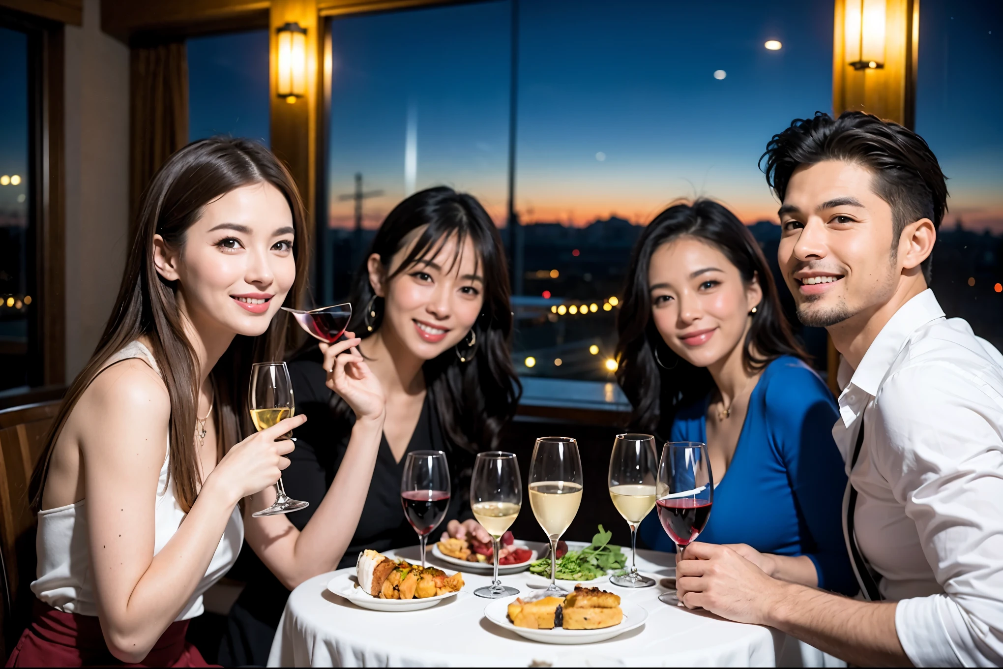 64k, UHD, highest quality, masterpiece: 1.2), (realistic, photorealistic: 1.37), Super detailed, celebration party、beauty、charming、beautiful mature woman、3 women who love wine、three men、champagne、Sparkling wine、winter night、restaurantでワイン宴会、(slimな男女4名),(Wine party for 5 people)、(slimフェイス),Happy、 最高なsmile、Fox Face、Raccoon face、Berry Short、(because I&#39;thin), (brown hair), (shortcut), long sleeve shirt、winter fashion、Colombia、Brazilian、Japanese、Dutch、German、Portuguese、Belgian、Italian、french, (gushing), (slimボティ), (brown hair), (shortcut), 端正なbeauty、cheeks blush a little, (41 years old), 38 years old, 35 years old、32 years old、 A beautiful and detailed night view spreads out outside the window......, restaurant, wine glassが座っている, At night, in a prominent place (from the Upper body) nova frog style, actress, model, Upper body, White wine, slim, wine glass, Very beautiful night view, wine glass Put in the Middle, Happy smile, (smile: 1.15), 